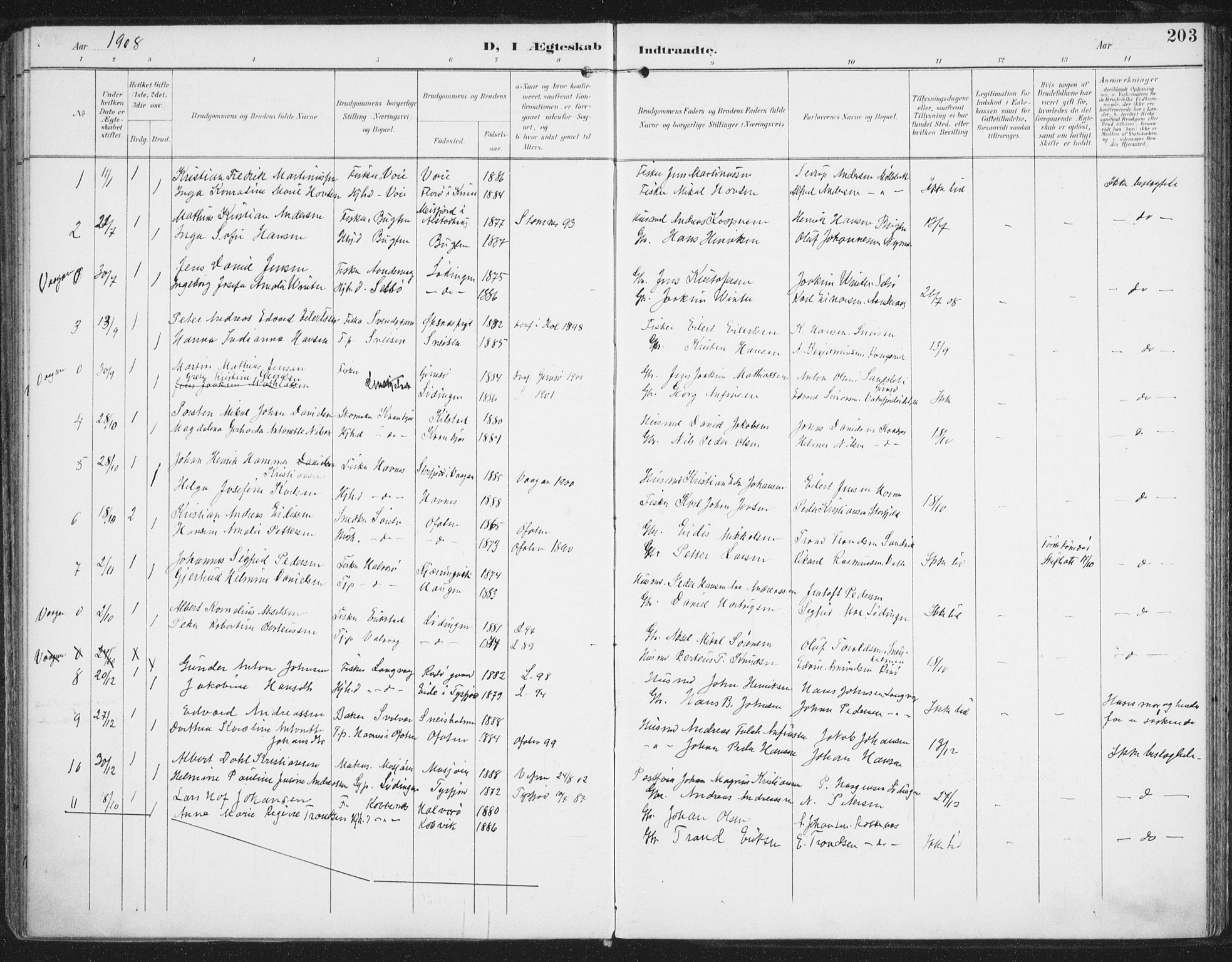 Ministerialprotokoller, klokkerbøker og fødselsregistre - Nordland, AV/SAT-A-1459/872/L1036: Parish register (official) no. 872A11, 1897-1913, p. 203