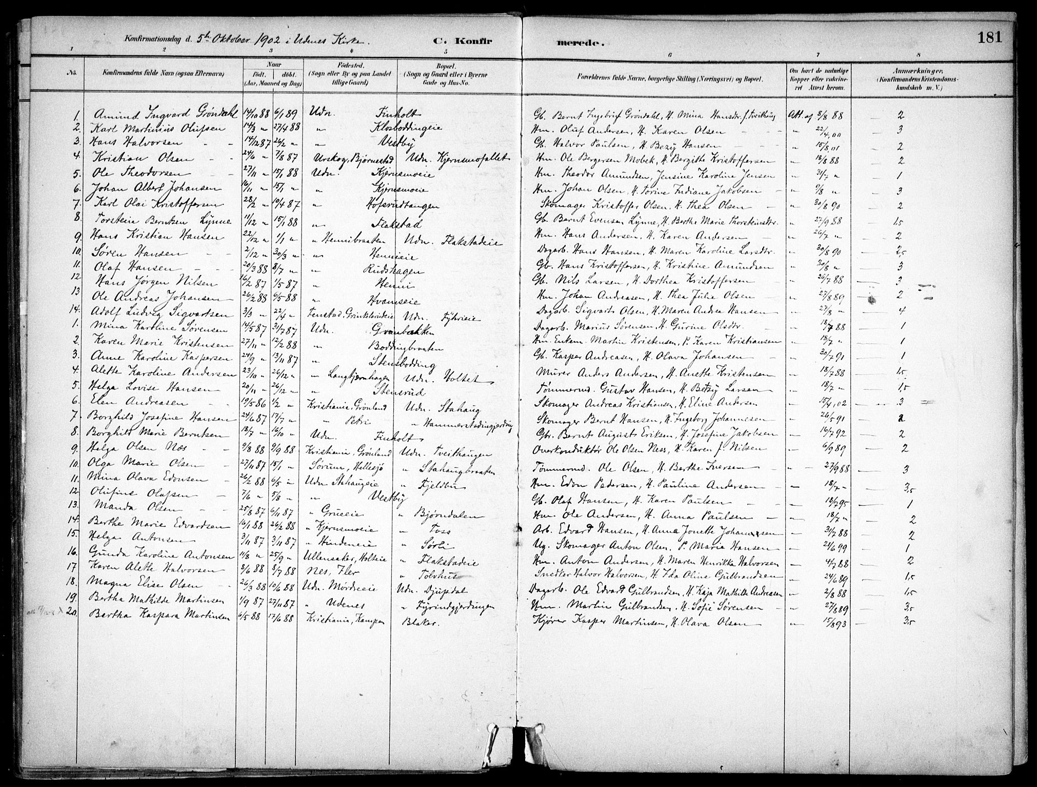 Nes prestekontor Kirkebøker, SAO/A-10410/F/Fc/L0002: Parish register (official) no. IIi 2, 1882-1916, p. 181