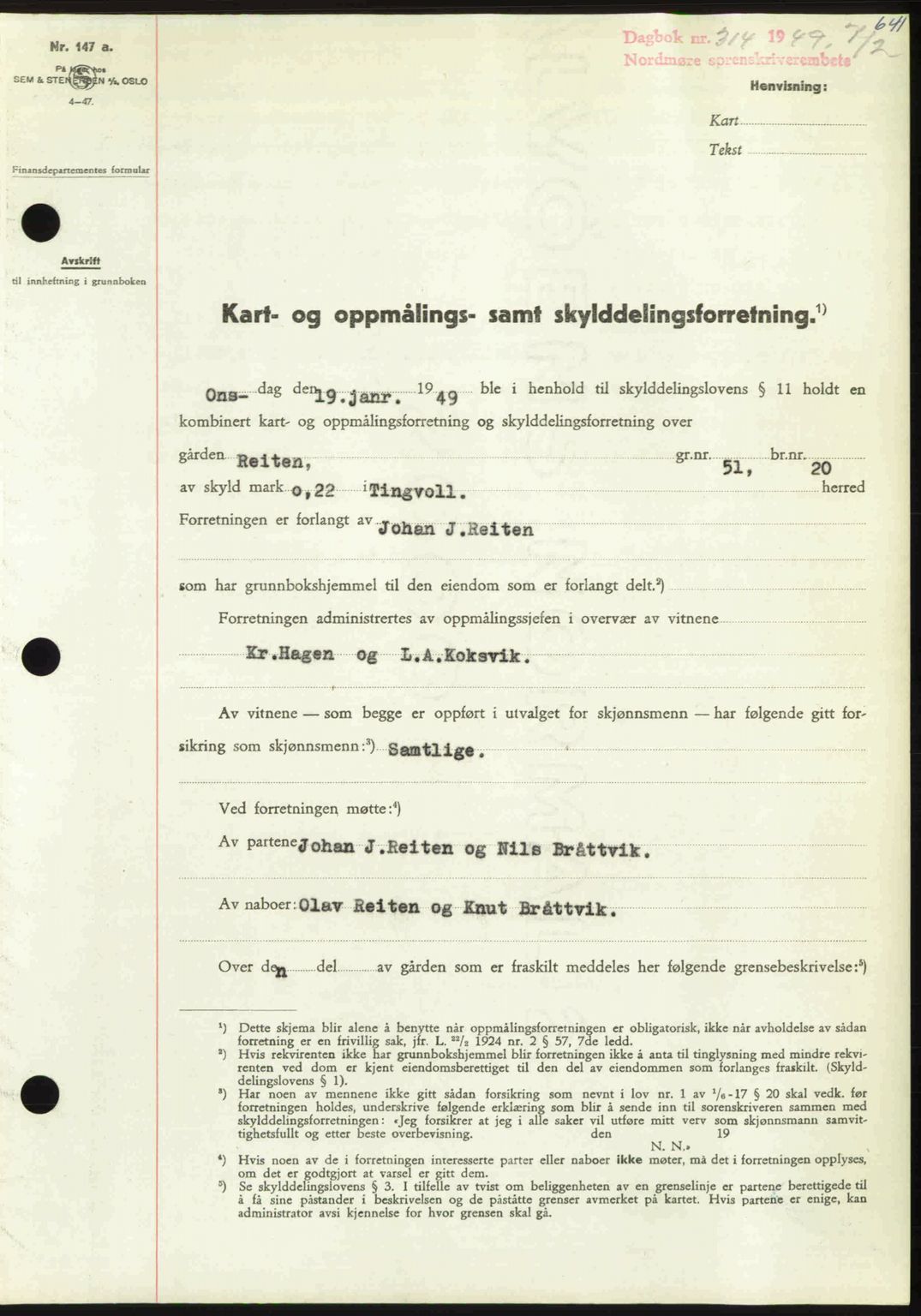 Nordmøre sorenskriveri, AV/SAT-A-4132/1/2/2Ca: Mortgage book no. A110, 1948-1949, Diary no: : 314/1949