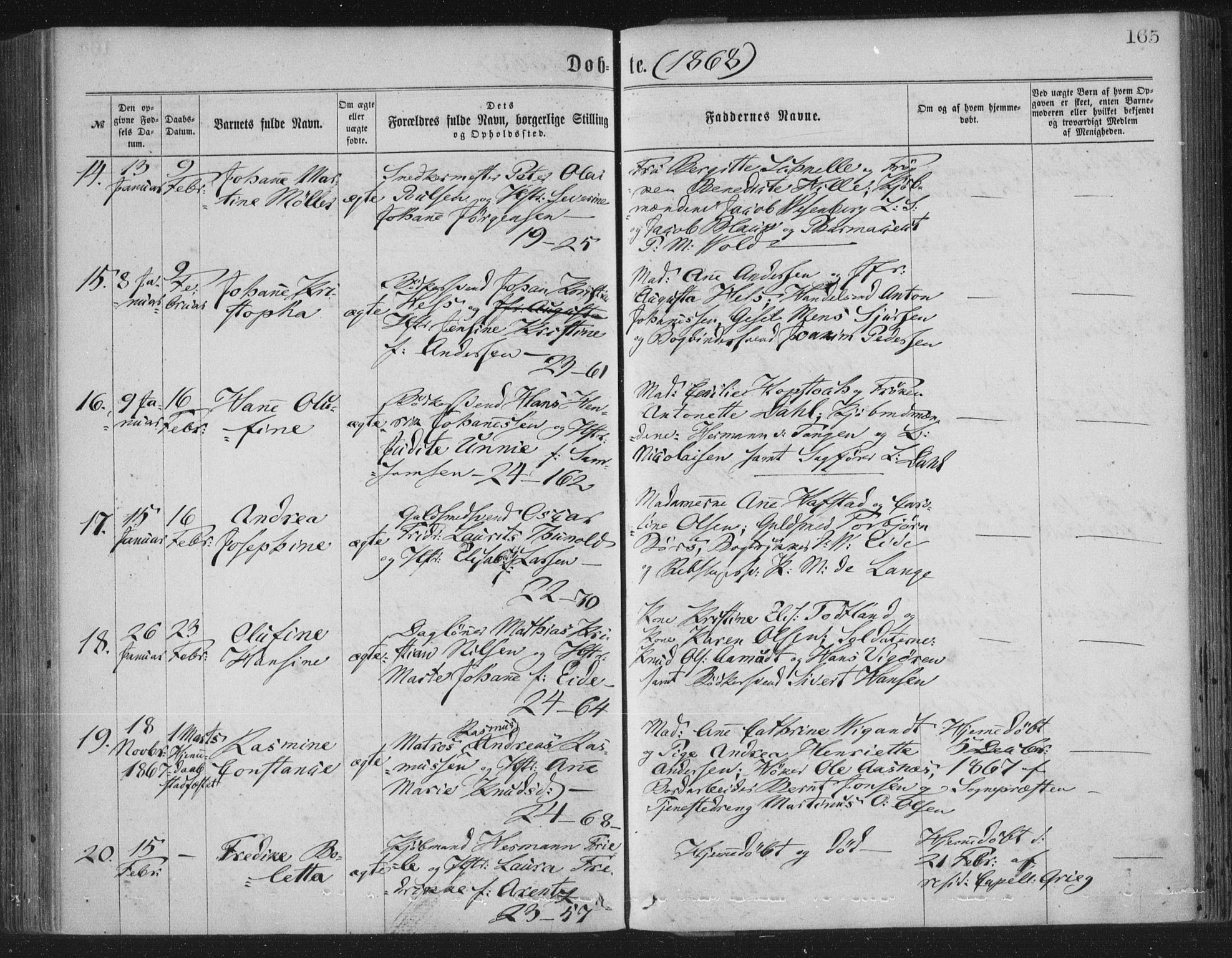 Korskirken sokneprestembete, AV/SAB-A-76101/H/Haa/L0019: Parish register (official) no. B 5, 1866-1871, p. 165