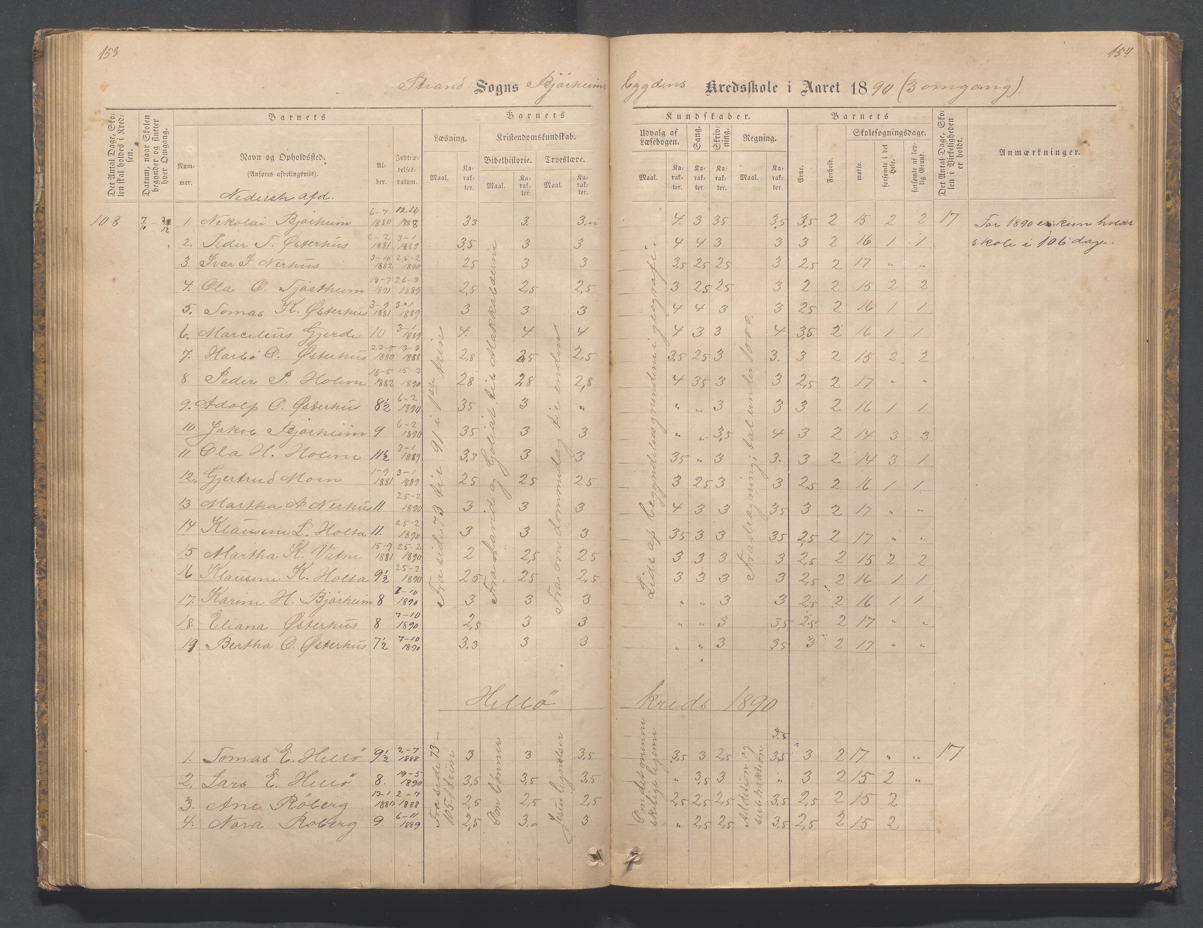 Strand kommune - Bjørheimsbygd skole, IKAR/A-147/H/L0001: Skoleprotokoll for Bjørheimsbygd,Lekvam og Hidle krets, 1873-1884, p. 153-154