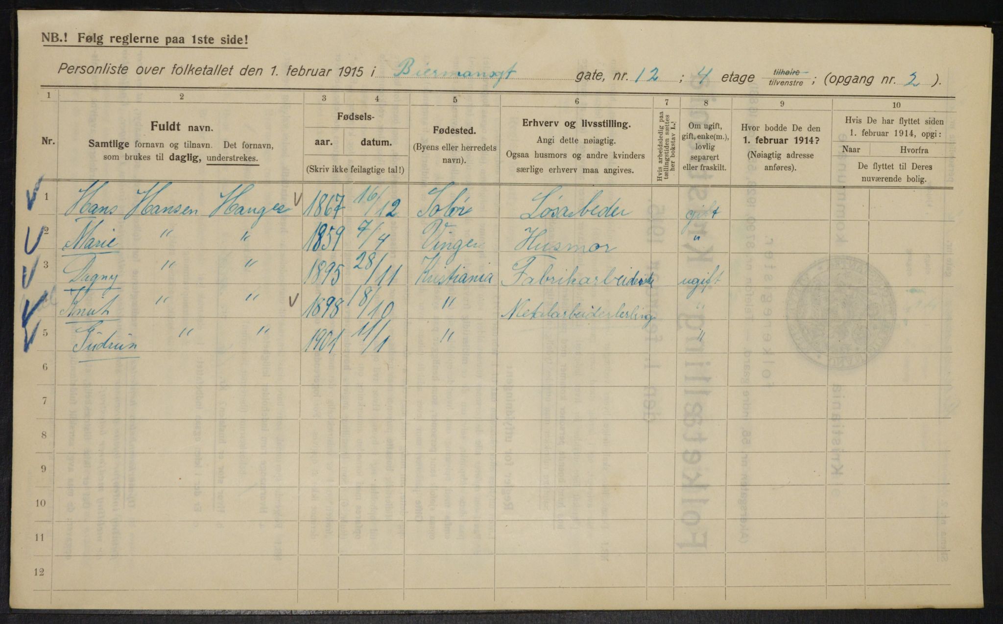 OBA, Municipal Census 1915 for Kristiania, 1915, p. 4958