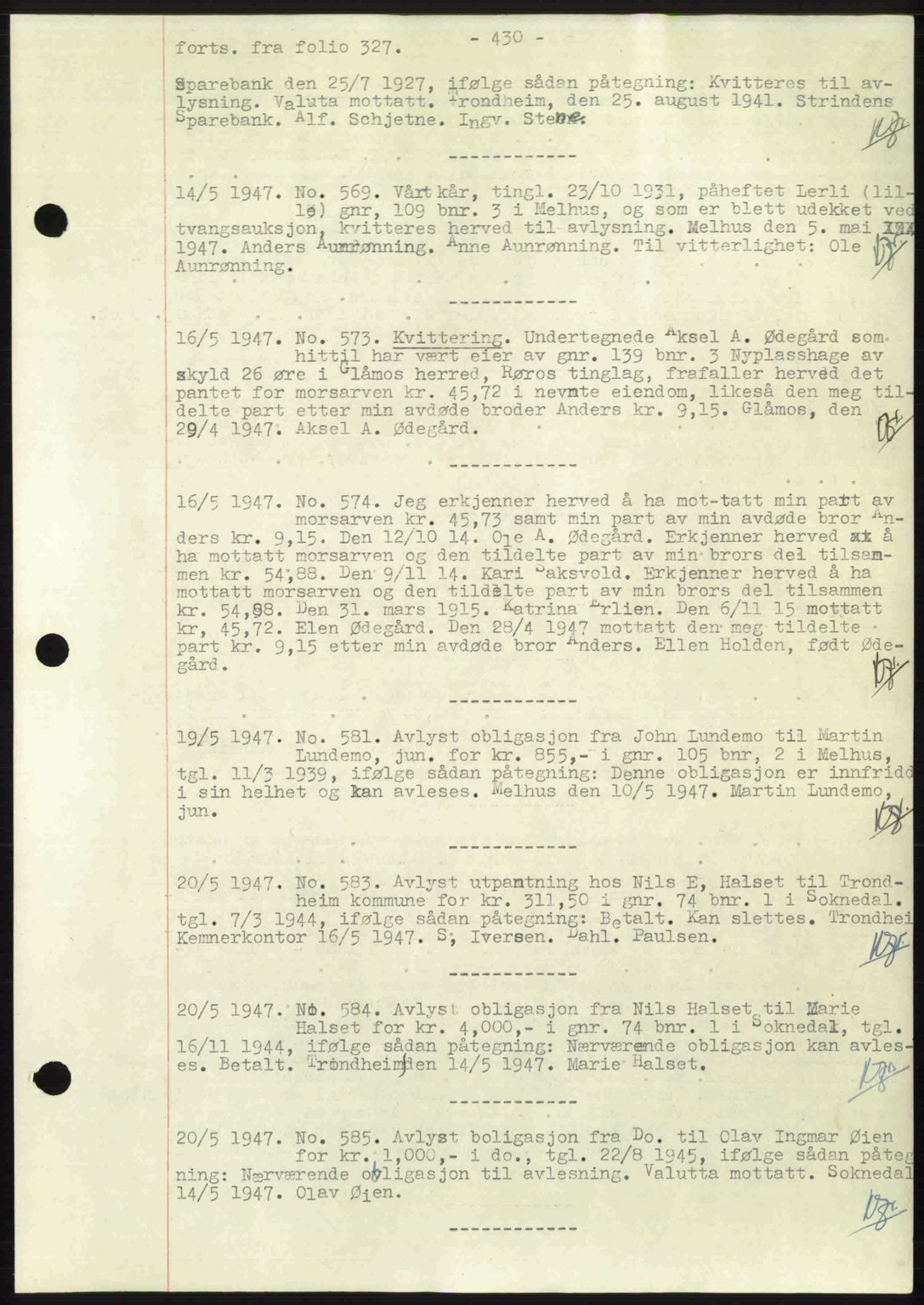 Gauldal sorenskriveri, SAT/A-0014/1/2/2C: Mortgage book no. A3, 1947-1947, Diary no: : 569/1947