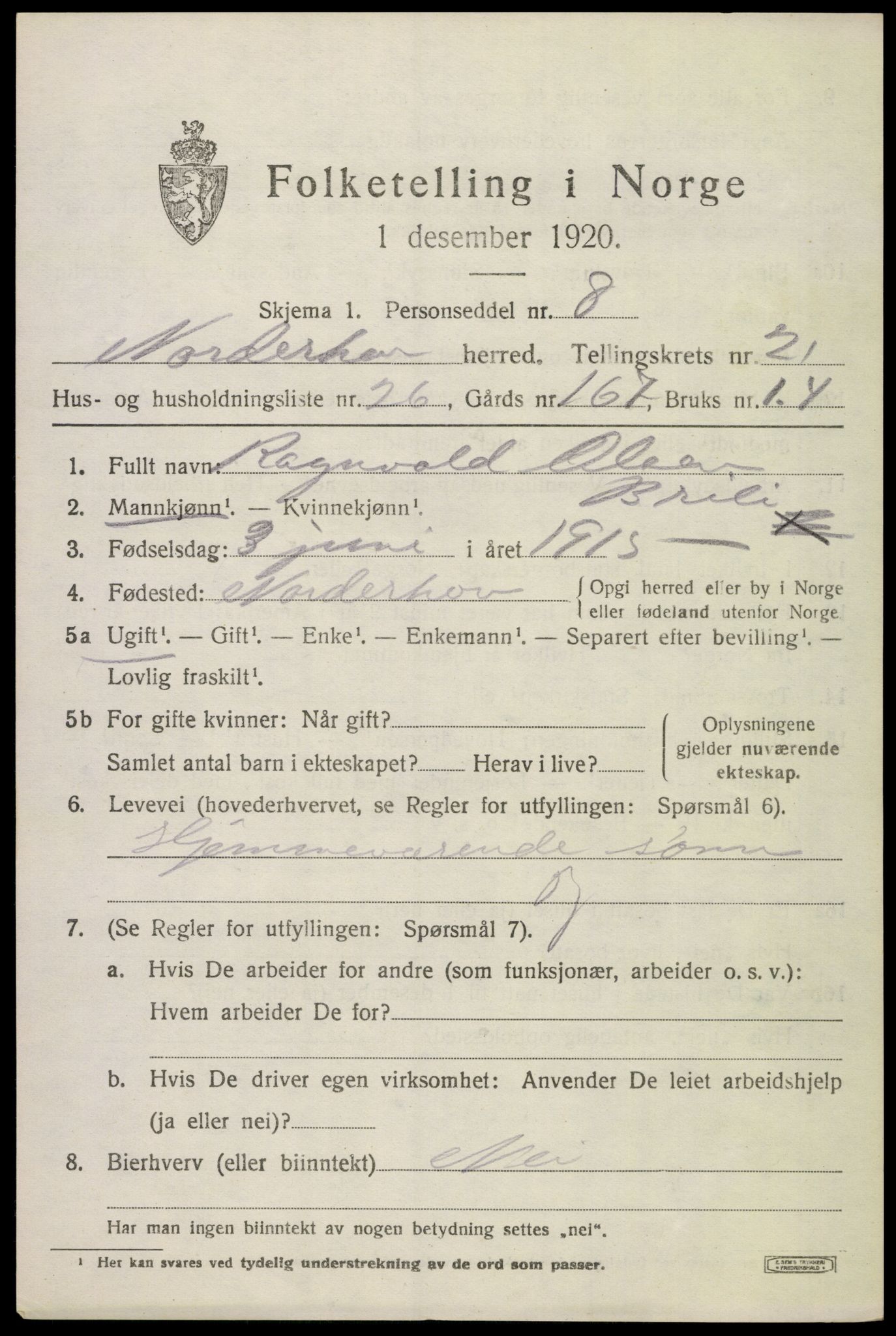 SAKO, 1920 census for Norderhov, 1920, p. 22210