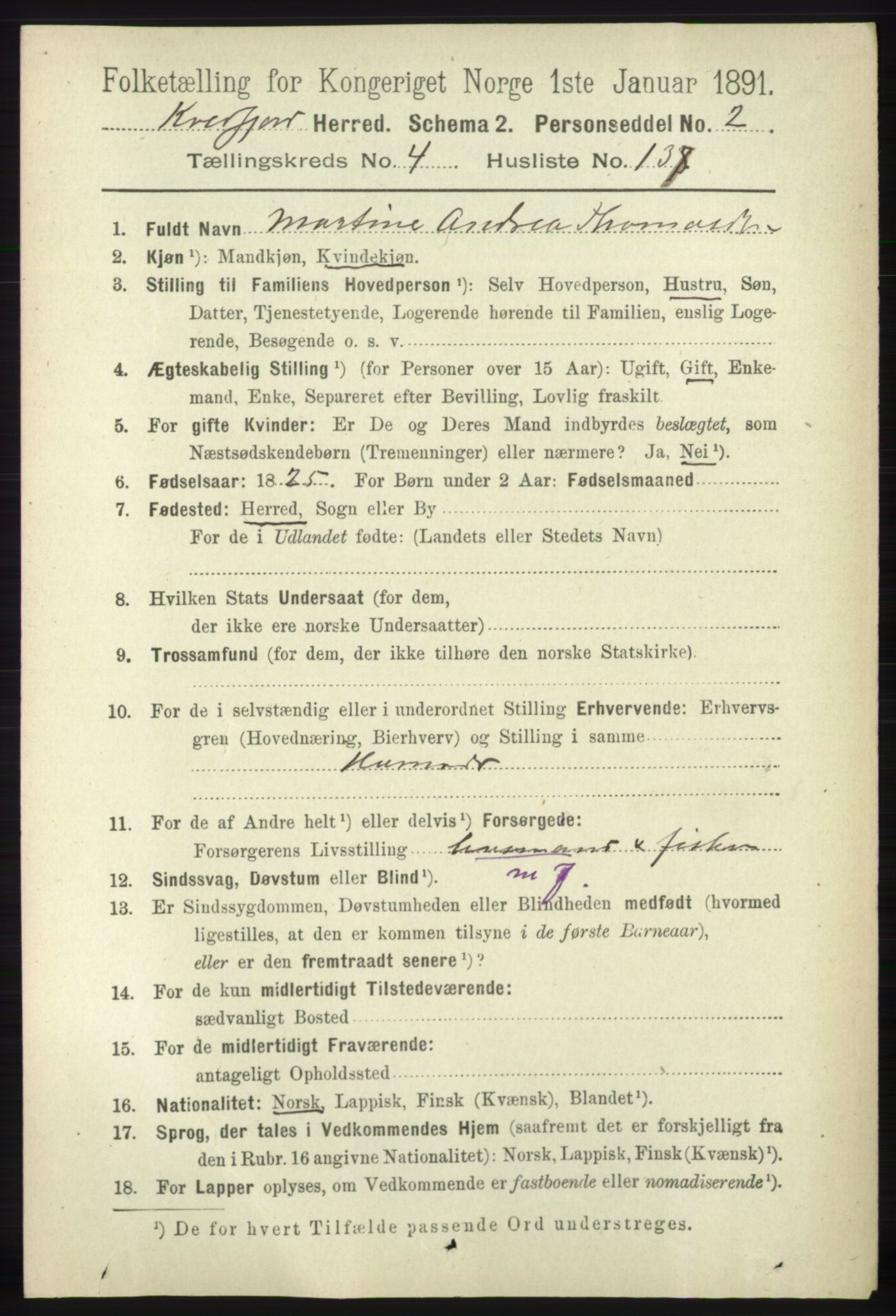 RA, 1891 census for 1911 Kvæfjord, 1891, p. 2755