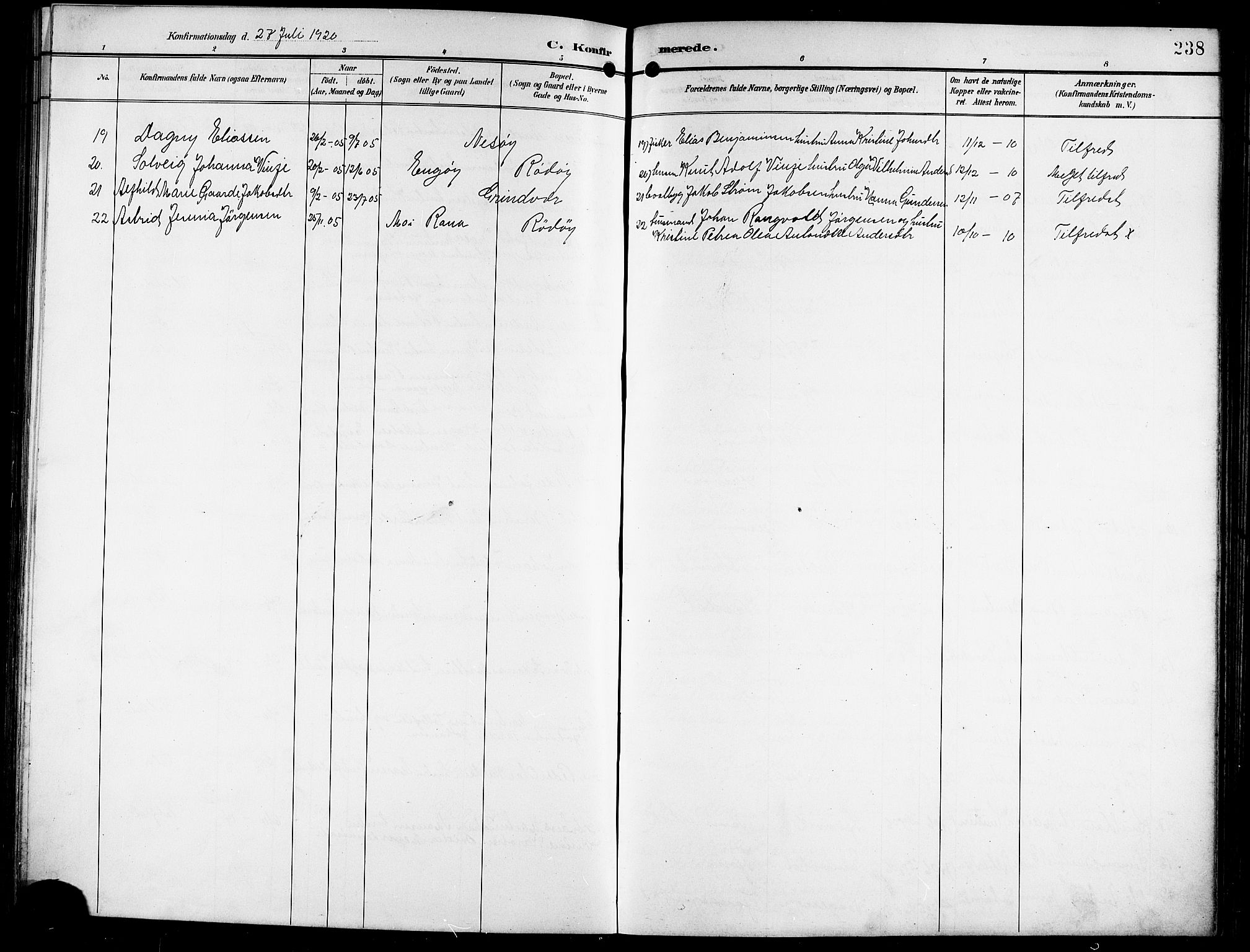 Ministerialprotokoller, klokkerbøker og fødselsregistre - Nordland, AV/SAT-A-1459/841/L0621: Parish register (copy) no. 841C05, 1897-1923, p. 238