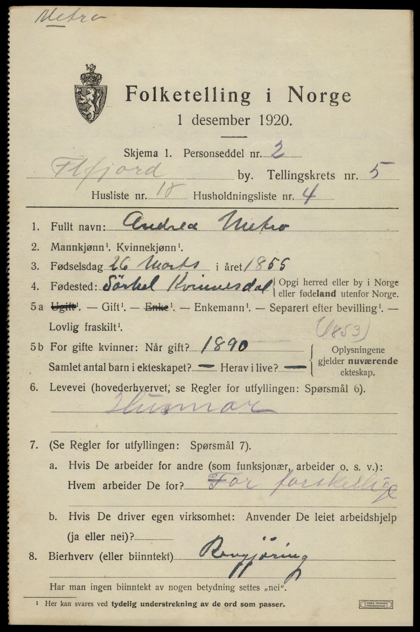 SAK, 1920 census for Flekkefjord, 1920, p. 5450