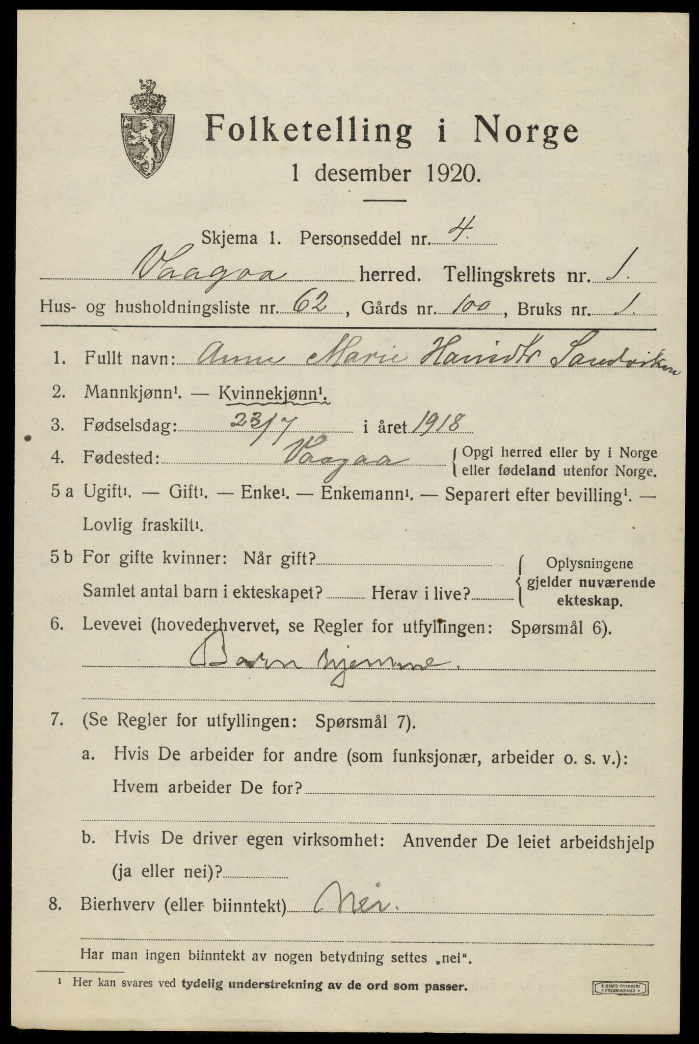 SAH, 1920 census for Vågå, 1920, p. 2006