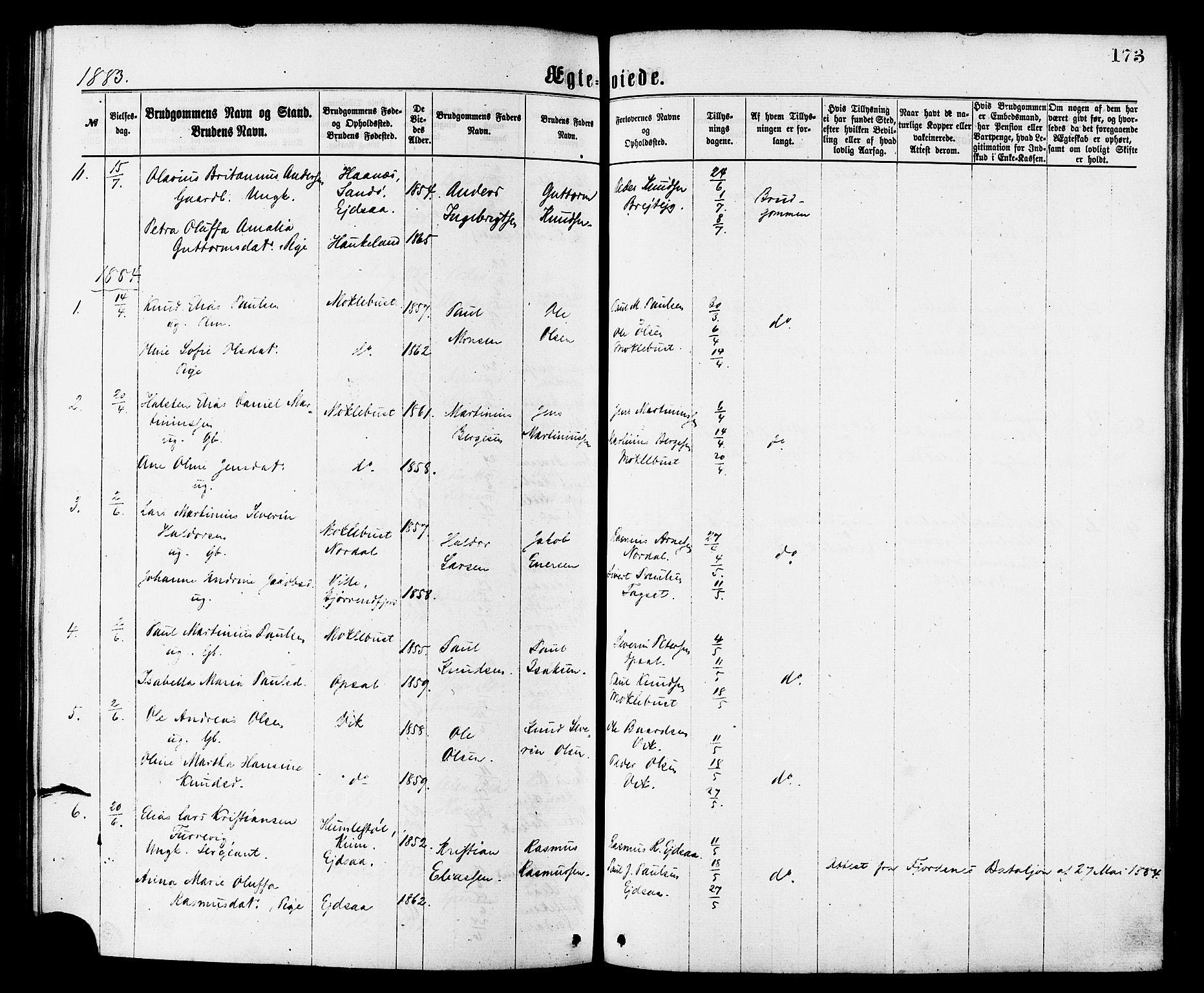 Ministerialprotokoller, klokkerbøker og fødselsregistre - Møre og Romsdal, AV/SAT-A-1454/502/L0024: Parish register (official) no. 502A02, 1873-1884, p. 173