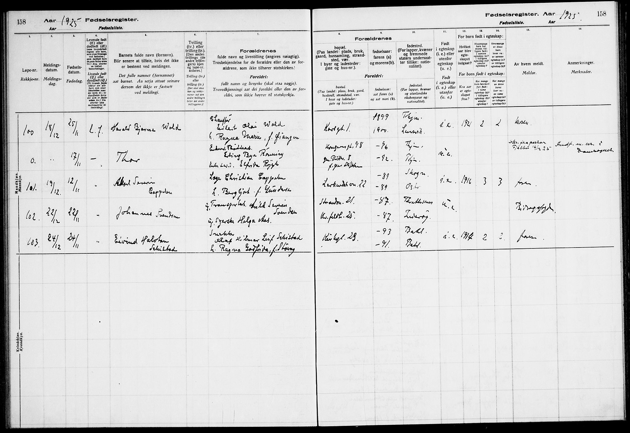 Ministerialprotokoller, klokkerbøker og fødselsregistre - Sør-Trøndelag, SAT/A-1456/604/L0233: Birth register no. 604.II.4.2, 1920-1928, p. 158