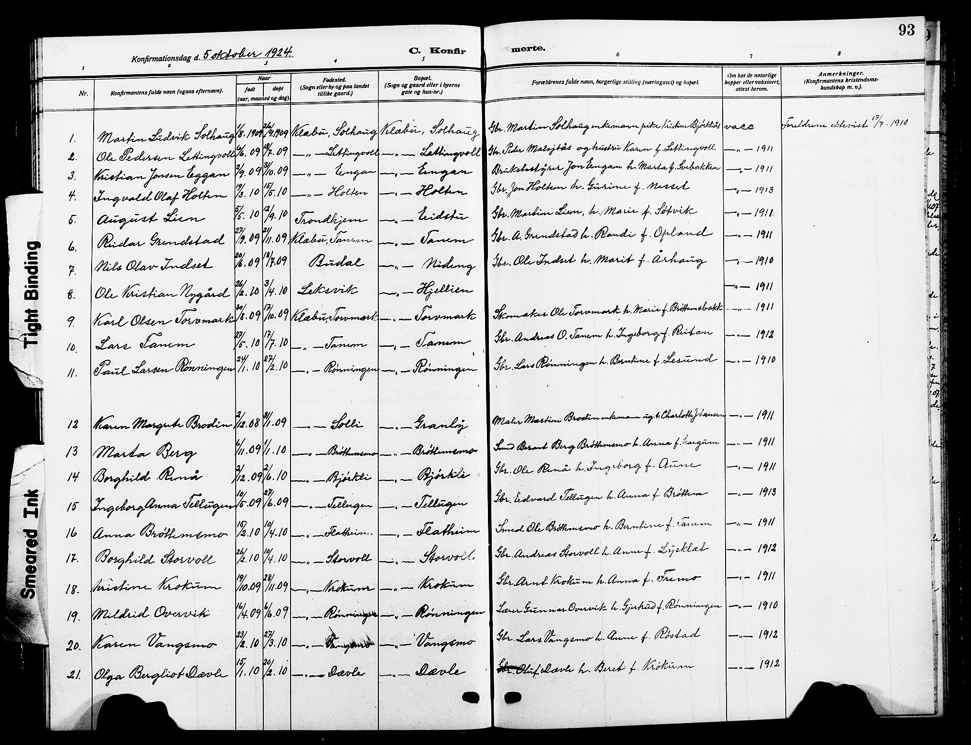 Ministerialprotokoller, klokkerbøker og fødselsregistre - Sør-Trøndelag, SAT/A-1456/618/L0453: Parish register (copy) no. 618C04, 1907-1925, p. 93