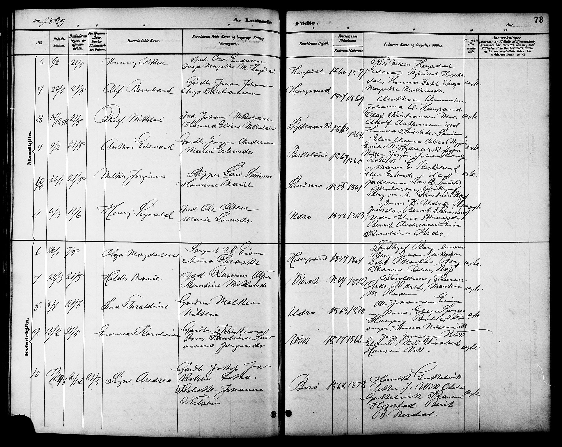 Ministerialprotokoller, klokkerbøker og fødselsregistre - Sør-Trøndelag, SAT/A-1456/657/L0716: Parish register (copy) no. 657C03, 1889-1904, p. 73
