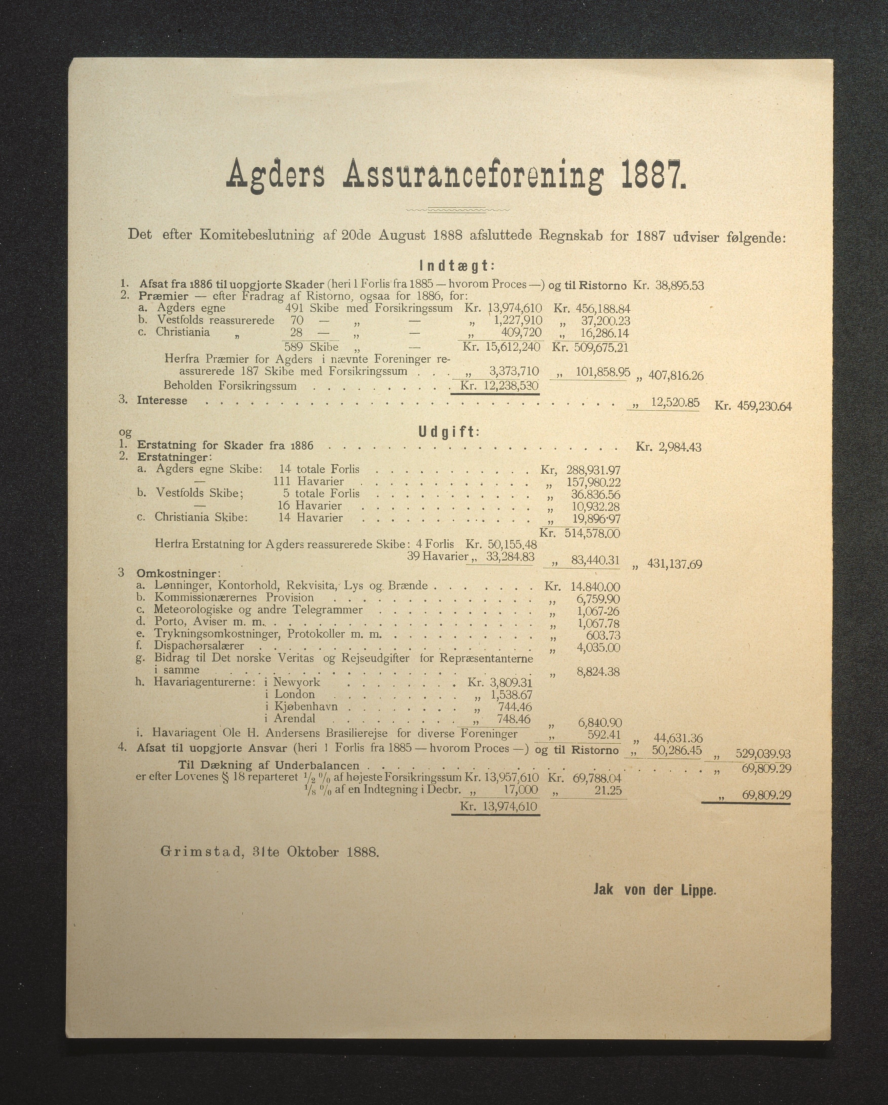 Agders Gjensidige Assuranceforening, AAKS/PA-1718/05/L0002: Regnskap, seilavdeling, pakkesak, 1881-1889