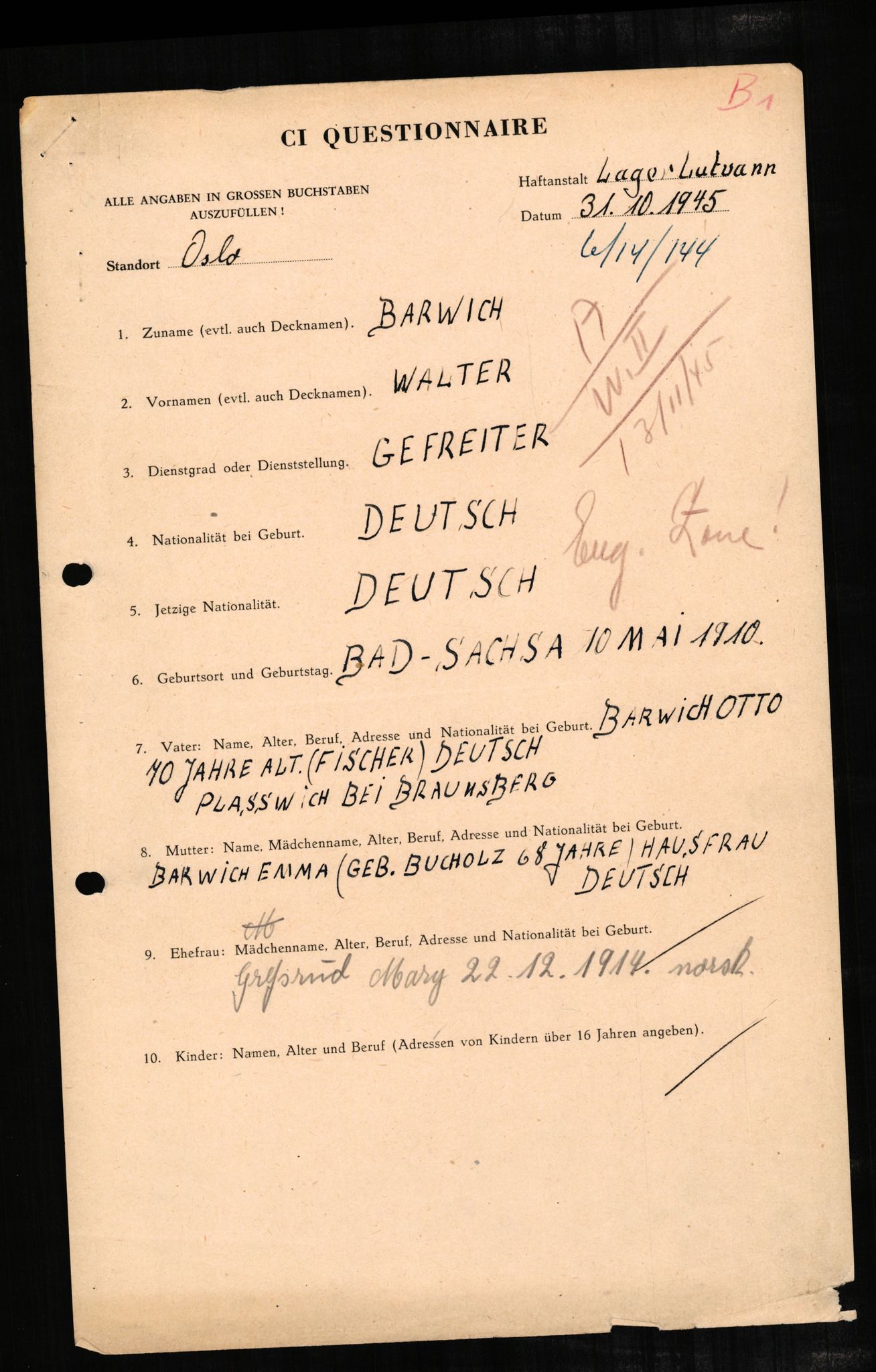 Forsvaret, Forsvarets overkommando II, AV/RA-RAFA-3915/D/Db/L0002: CI Questionaires. Tyske okkupasjonsstyrker i Norge. Tyskere., 1945-1946, p. 194