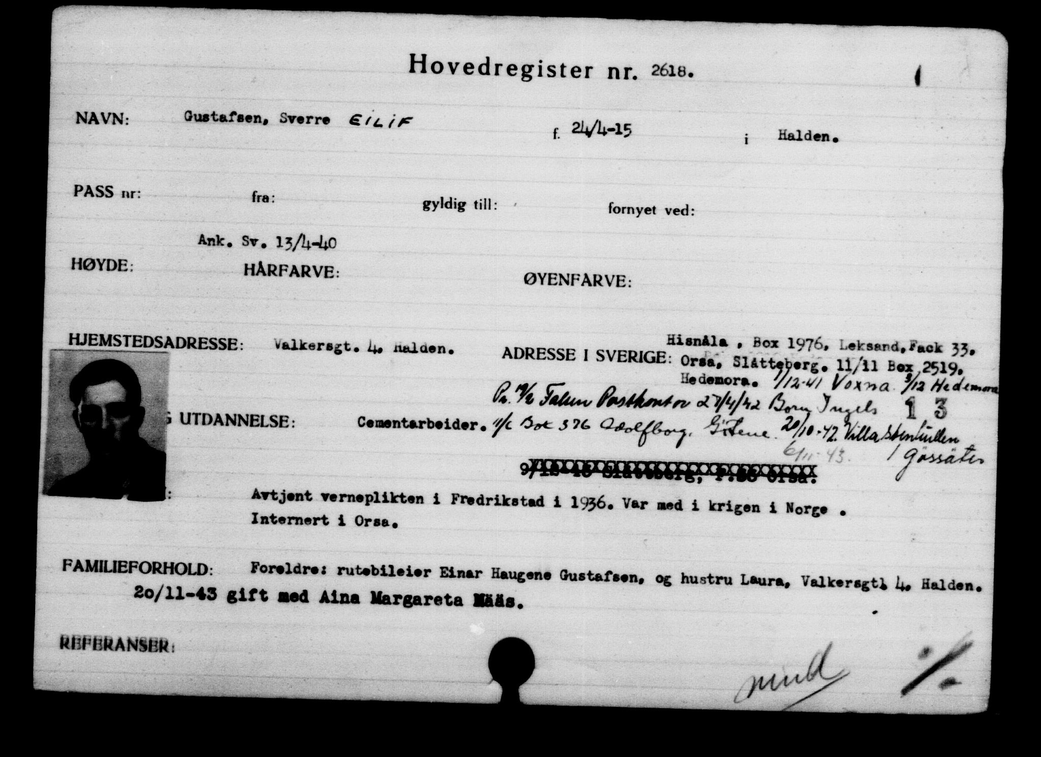 Utenriksstasjonene, Legasjonen i Stockholm, Flyktningkontoret, AV/RA-S-6753/V/Va/L0003: Kjesäterkartoteket, flyktninger med registreringsnr. 2001-3495, 1940-1945, p. 976