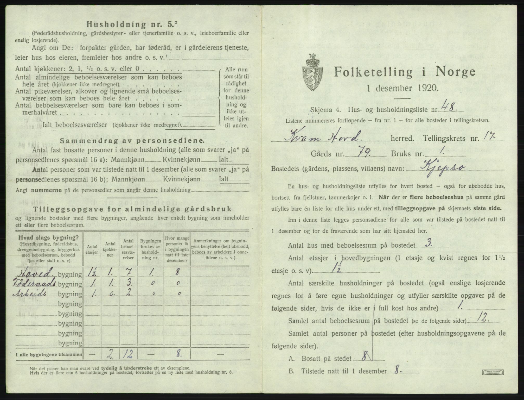 SAB, 1920 census for Kvam, 1920, p. 1402