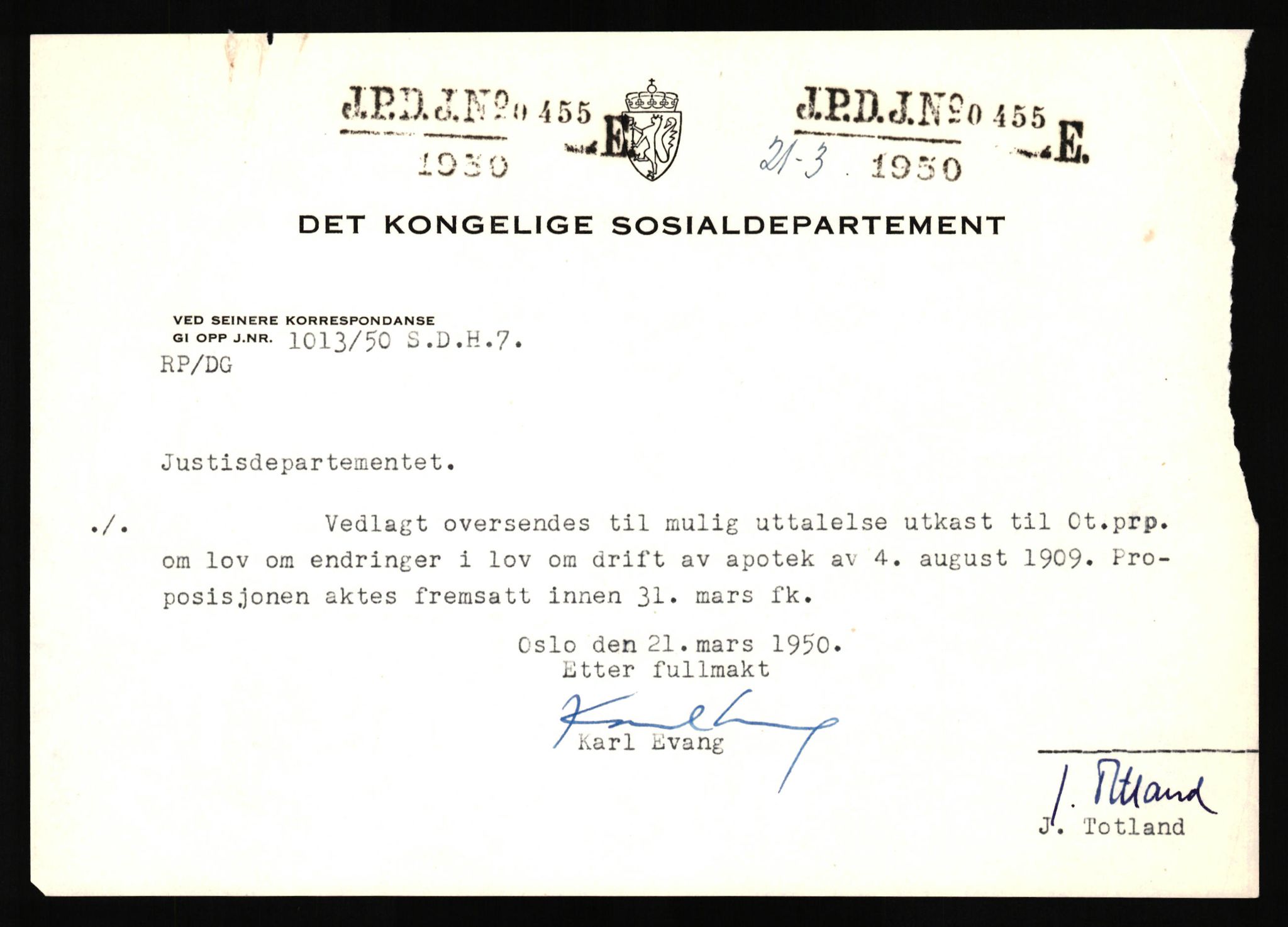 Justisdepartementet, Lovavdelingen, AV/RA-S-3212/D/Dh/L0284/0001: Lover / Uttalelser om lovutkast: Jnr. 455 - 1757. 3 mapper, 1950, p. 5