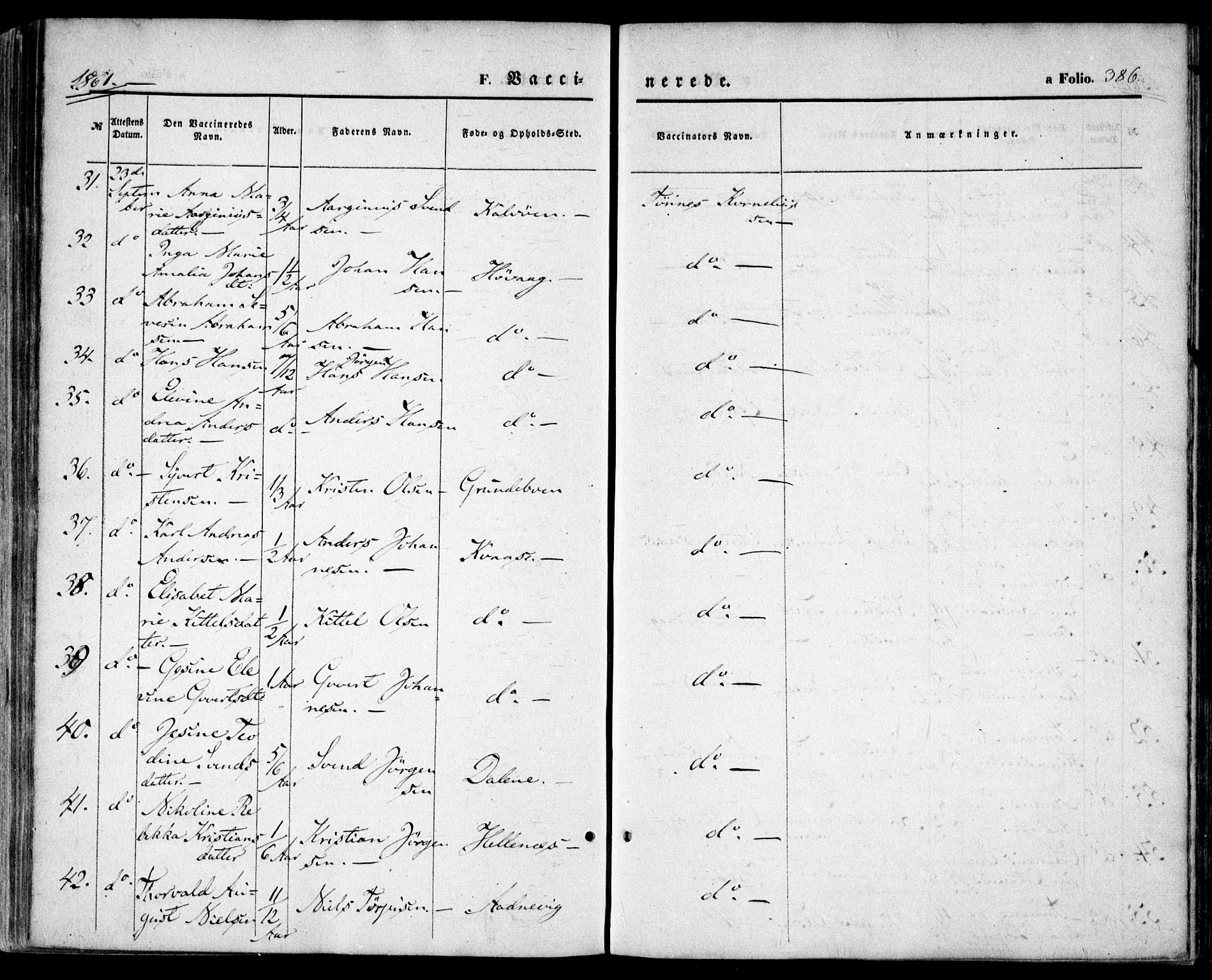 Høvåg sokneprestkontor, SAK/1111-0025/F/Fa/L0004: Parish register (official) no. A 4, 1859-1877, p. 386