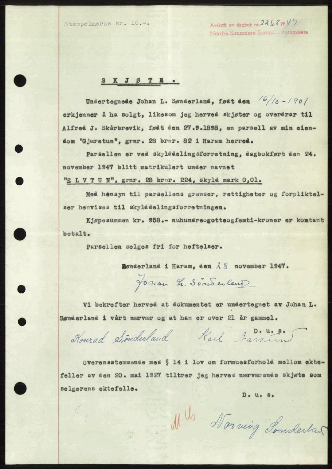 Nordre Sunnmøre sorenskriveri, AV/SAT-A-0006/1/2/2C/2Ca: Mortgage book no. A26, 1947-1948, Diary no: : 2268/1947