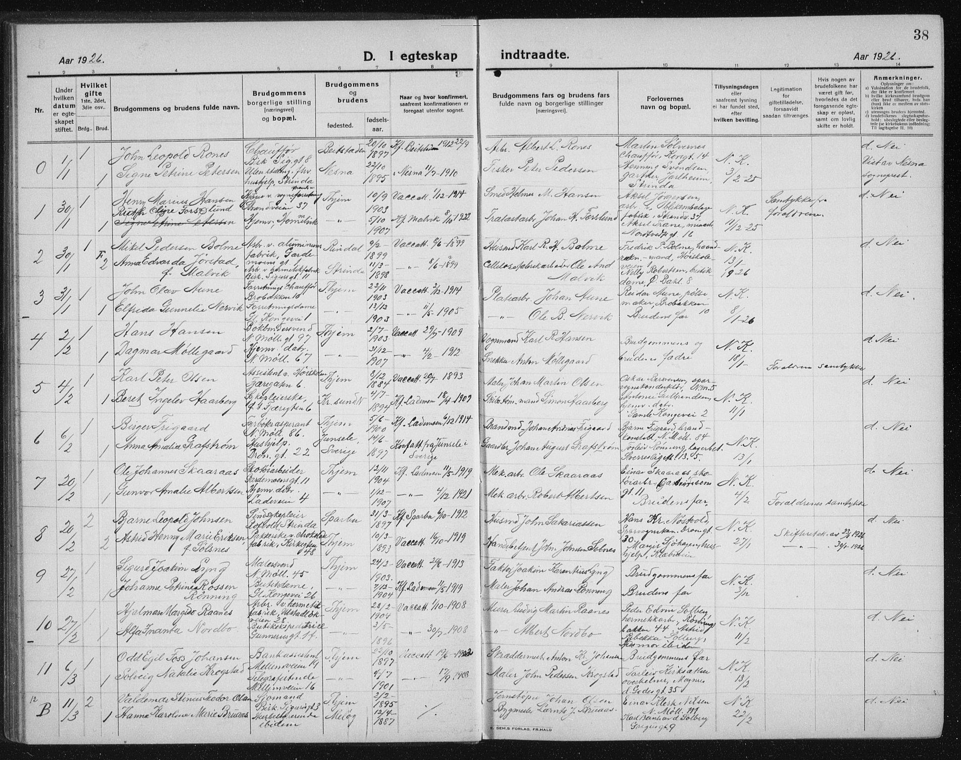 Ministerialprotokoller, klokkerbøker og fødselsregistre - Sør-Trøndelag, SAT/A-1456/605/L0260: Parish register (copy) no. 605C07, 1922-1942, p. 38