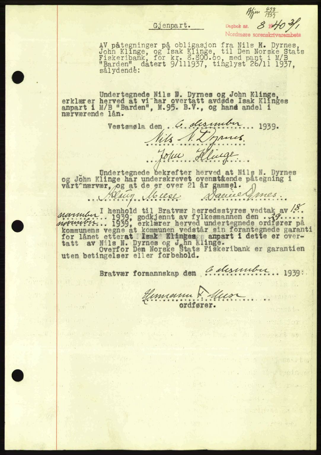 Nordmøre sorenskriveri, AV/SAT-A-4132/1/2/2Ca: Mortgage book no. B86, 1939-1940, Diary no: : 8/1940