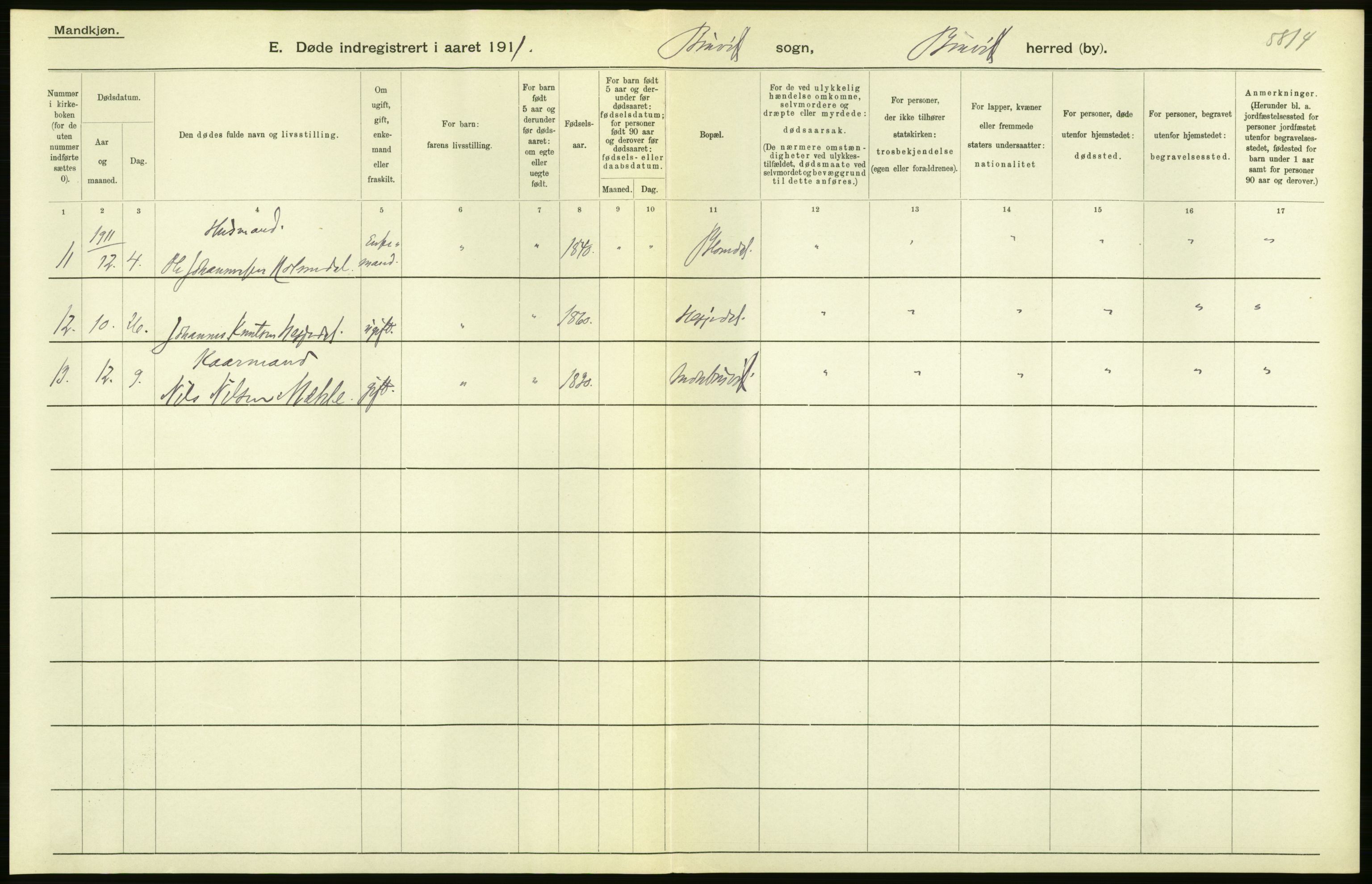 Statistisk sentralbyrå, Sosiodemografiske emner, Befolkning, AV/RA-S-2228/D/Df/Dfb/Dfba/L0030: S. Bergenhus amt: Døde. Bygder., 1911, p. 4