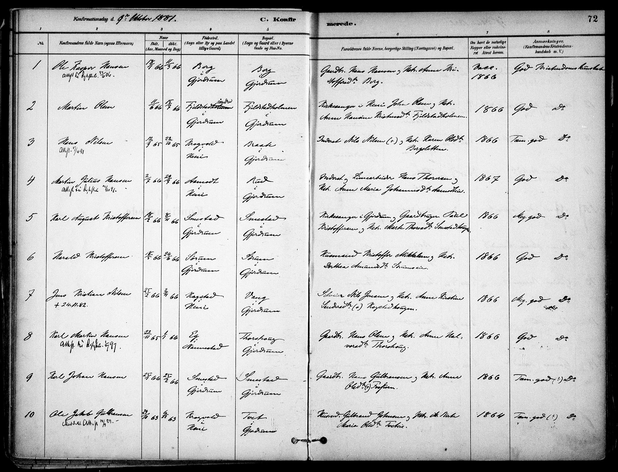 Gjerdrum prestekontor Kirkebøker, SAO/A-10412b/F/Fa/L0009: Parish register (official) no. I 9, 1881-1916, p. 72