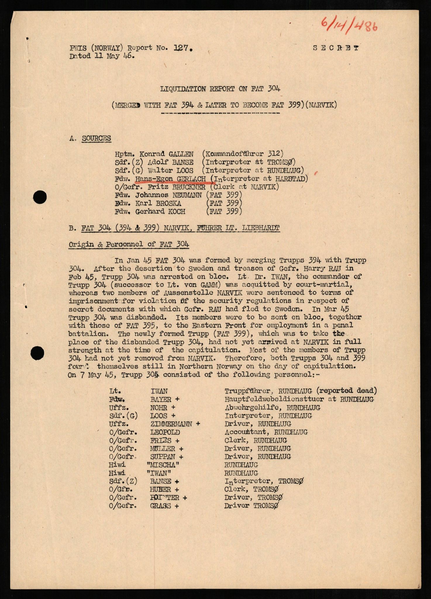 Forsvaret, Forsvarets overkommando II, RA/RAFA-3915/D/Db/L0009: CI Questionaires. Tyske okkupasjonsstyrker i Norge. Tyskere., 1945-1946, p. 413