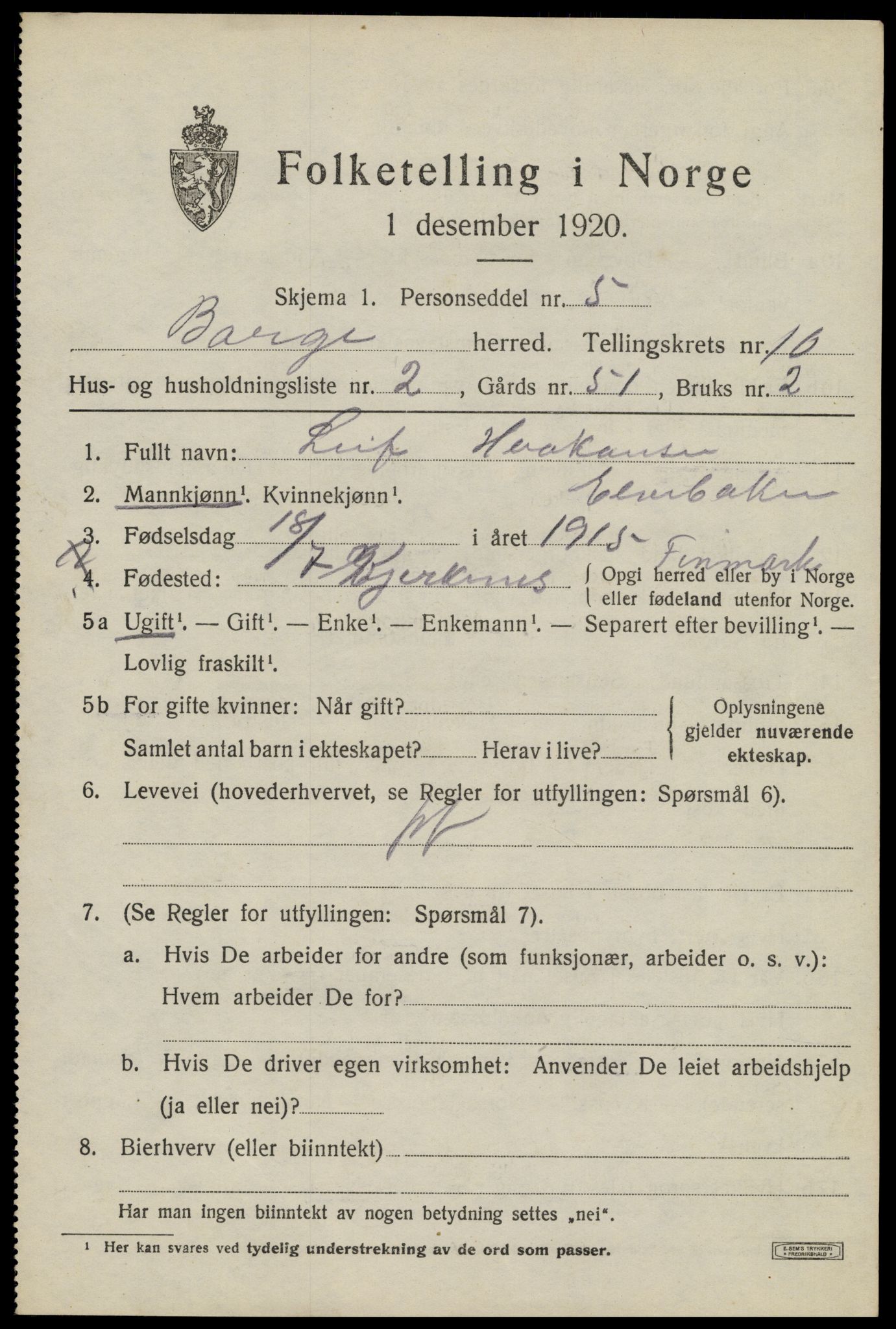 SAT, 1920 census for Borge, 1920, p. 8709