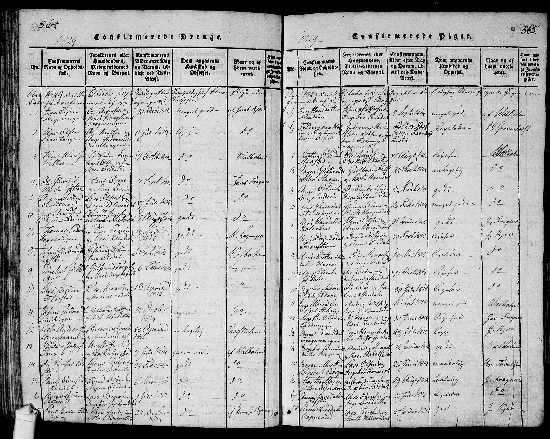 Ullensaker prestekontor Kirkebøker, SAO/A-10236a/G/Ga/L0001: Parish register (copy) no. I 1, 1815-1835, p. 564-565