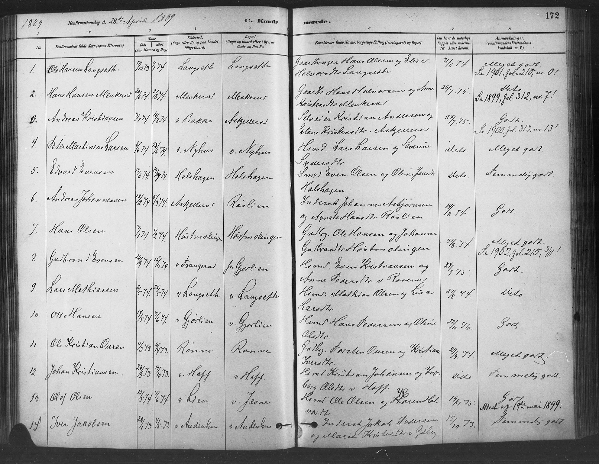 Fåberg prestekontor, SAH/PREST-086/H/Ha/Haa/L0009: Parish register (official) no. 9, 1879-1898, p. 172