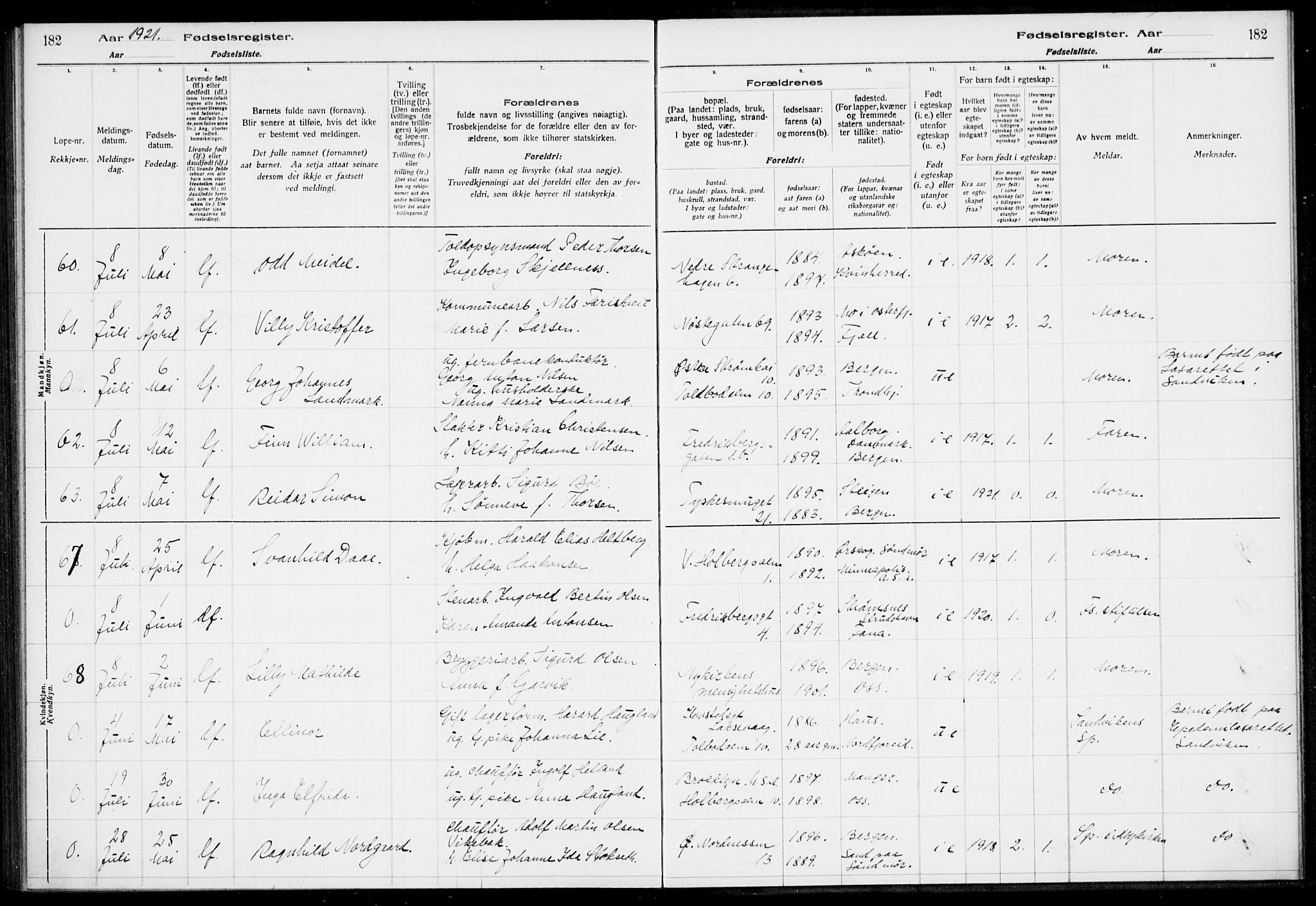 Nykirken Sokneprestembete, SAB/A-77101/I/Id/L00A1: Birth register no. A 1, 1916-1922, p. 182