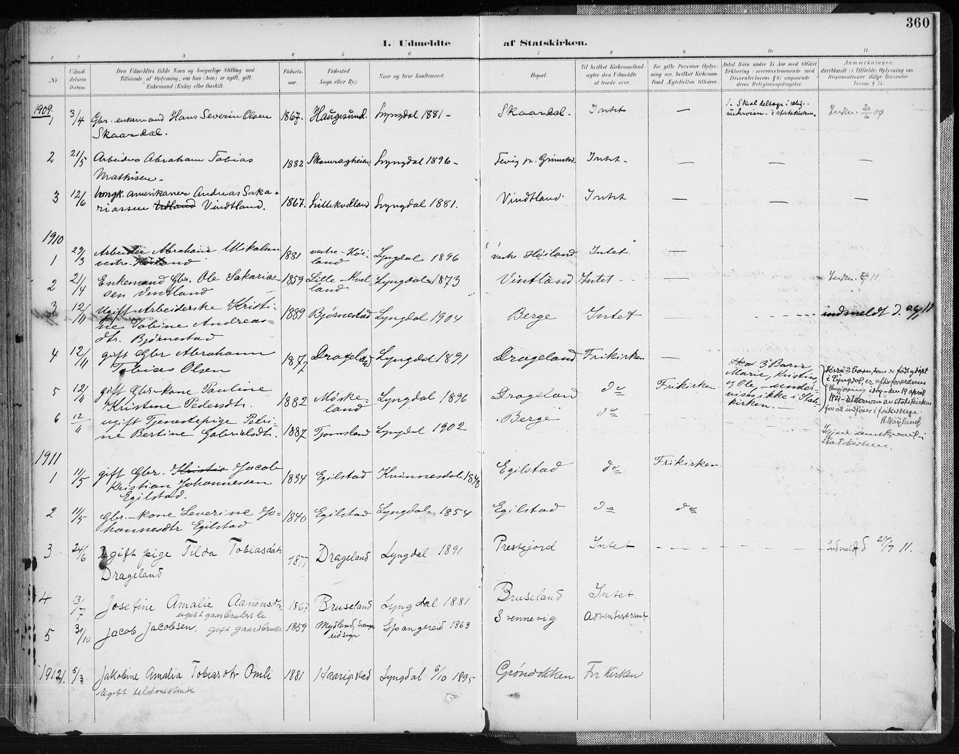 Lyngdal sokneprestkontor, AV/SAK-1111-0029/F/Fa/Fac/L0012: Parish register (official) no. A 12, 1894-1918, p. 360