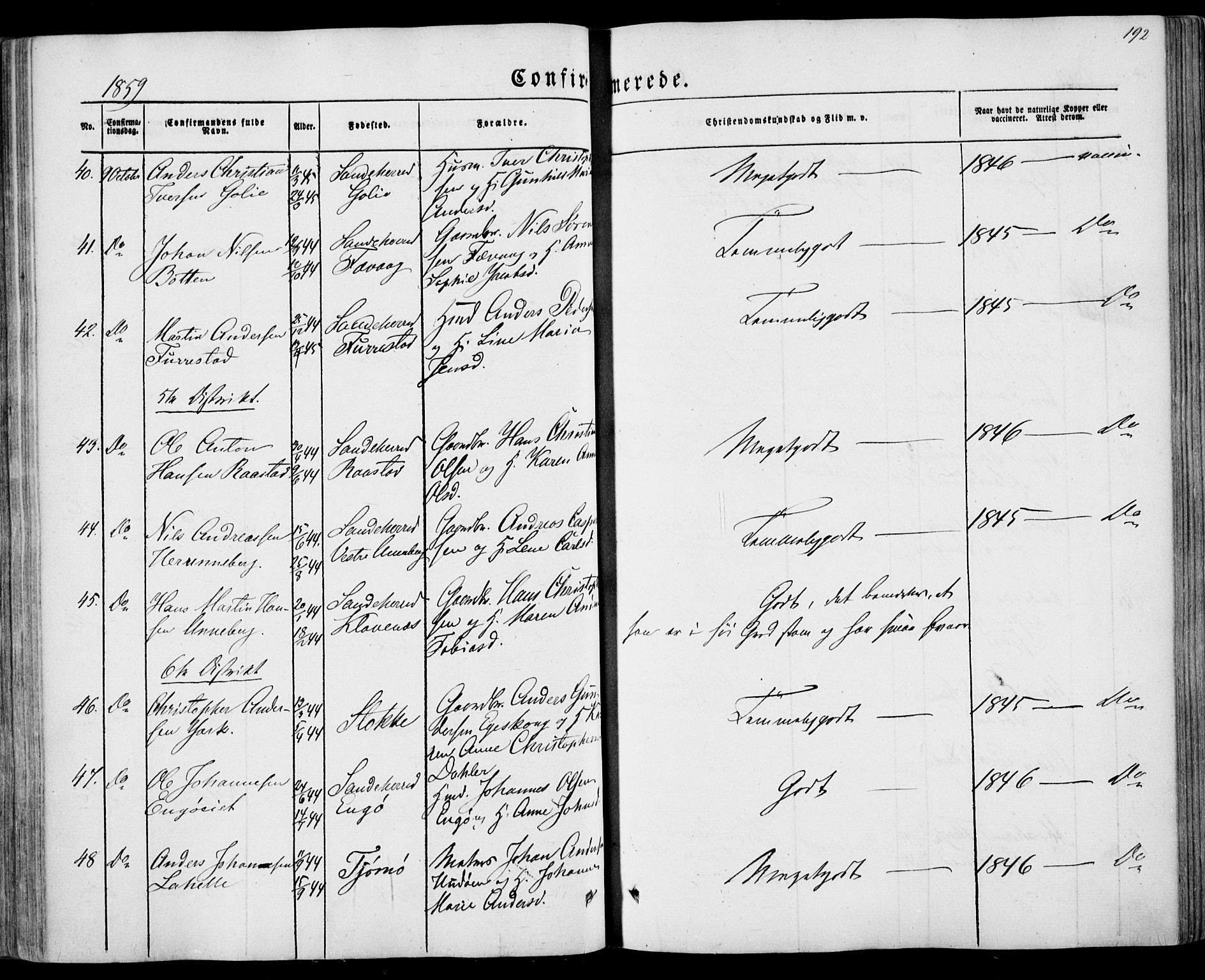 Sandar kirkebøker, AV/SAKO-A-243/F/Fa/L0007: Parish register (official) no. 7, 1855-1861, p. 192