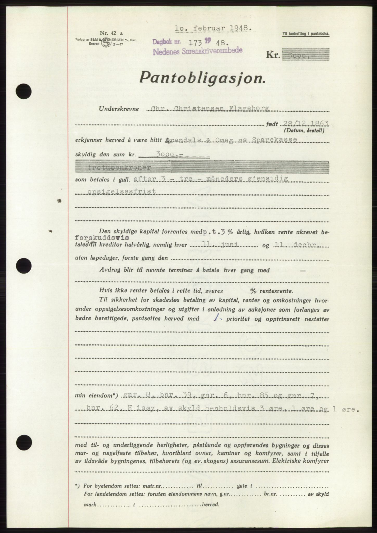 Nedenes sorenskriveri, AV/SAK-1221-0006/G/Gb/Gbb/L0005: Mortgage book no. B5, 1948-1948, Diary no: : 173/1948