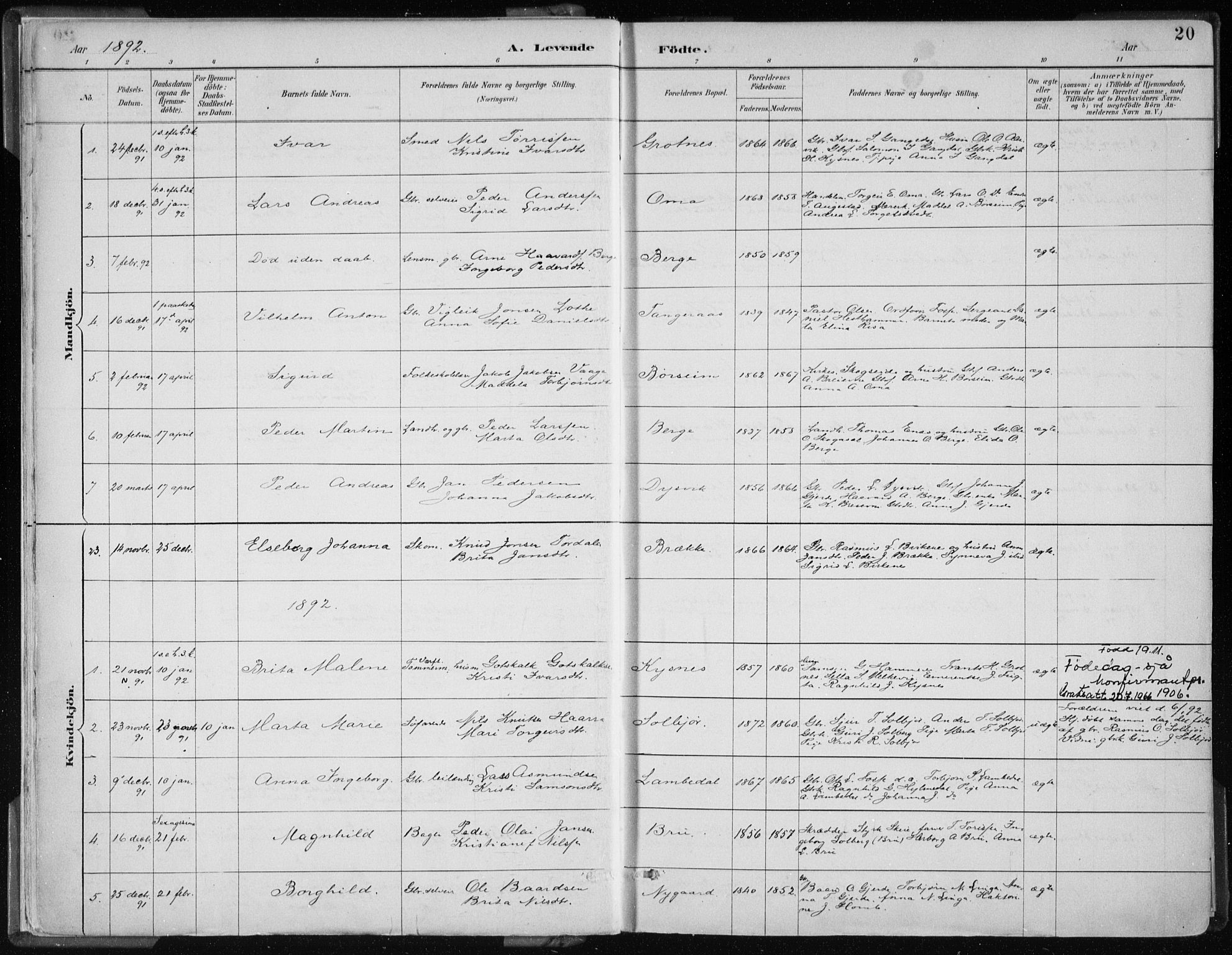 Strandebarm sokneprestembete, AV/SAB-A-78401/H/Haa: Parish register (official) no. B  1, 1886-1908, p. 20