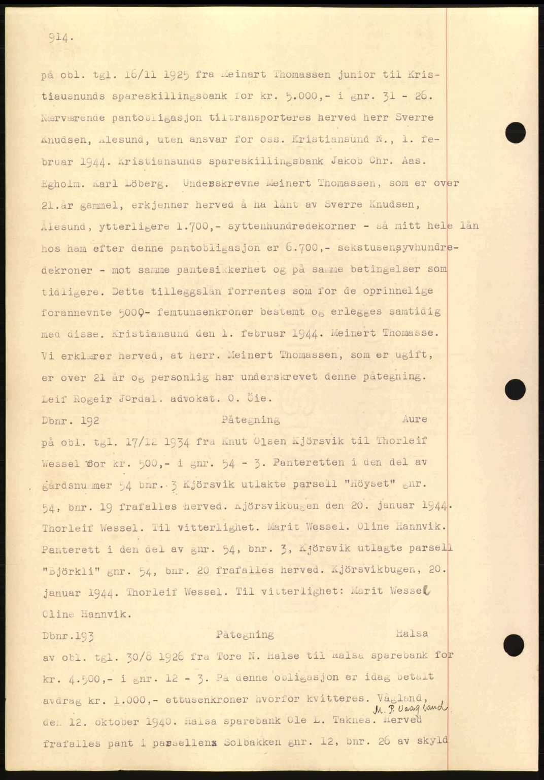 Nordmøre sorenskriveri, AV/SAT-A-4132/1/2/2Ca: Mortgage book no. C81, 1940-1945, Diary no: : 192/1944