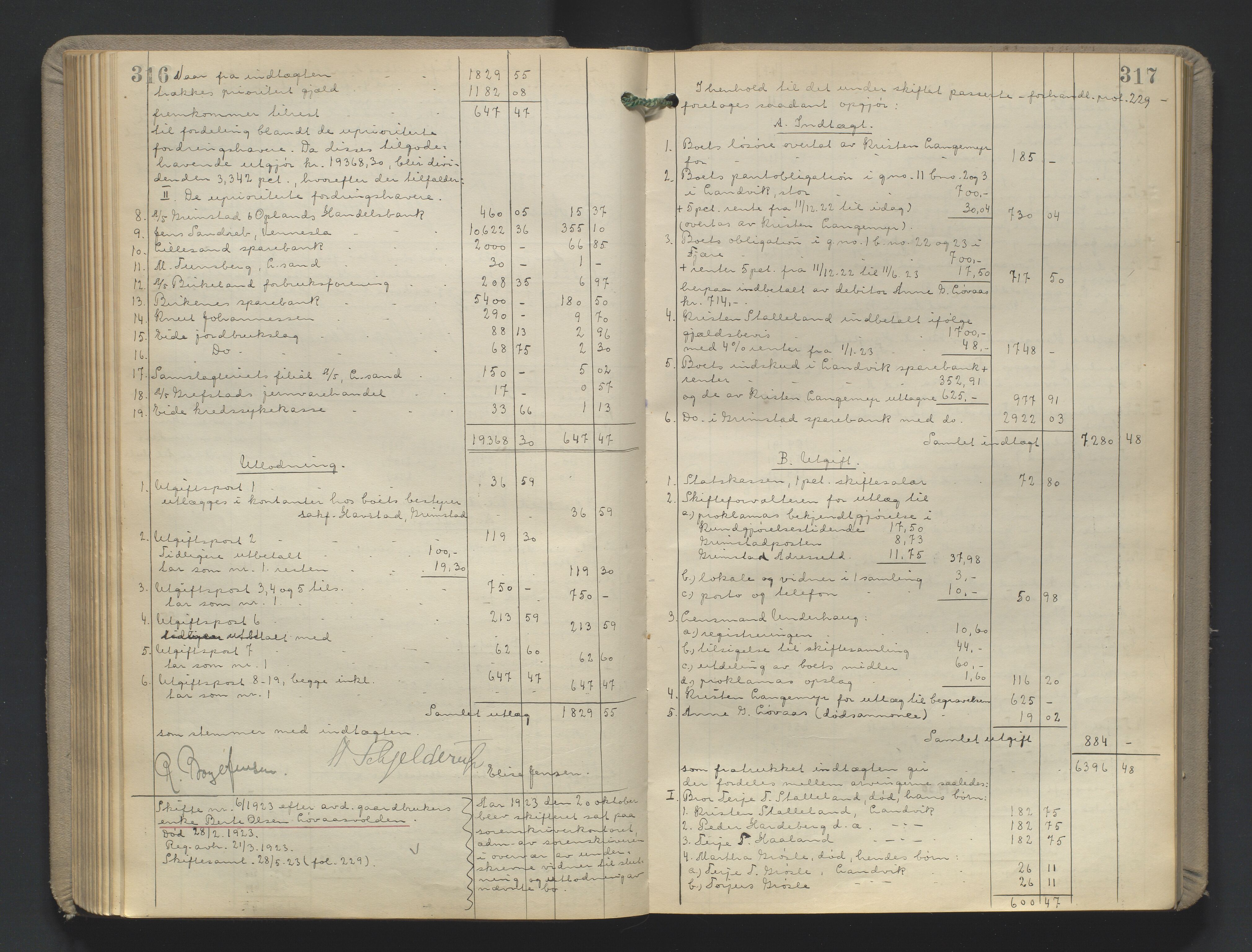 Vestre Nedenes/Sand sorenskriveri, AV/SAK-1221-0010/H/Hc/L0022: Skifteutlodningsprotokoll nr. 9, 1919-1932, p. 316-317