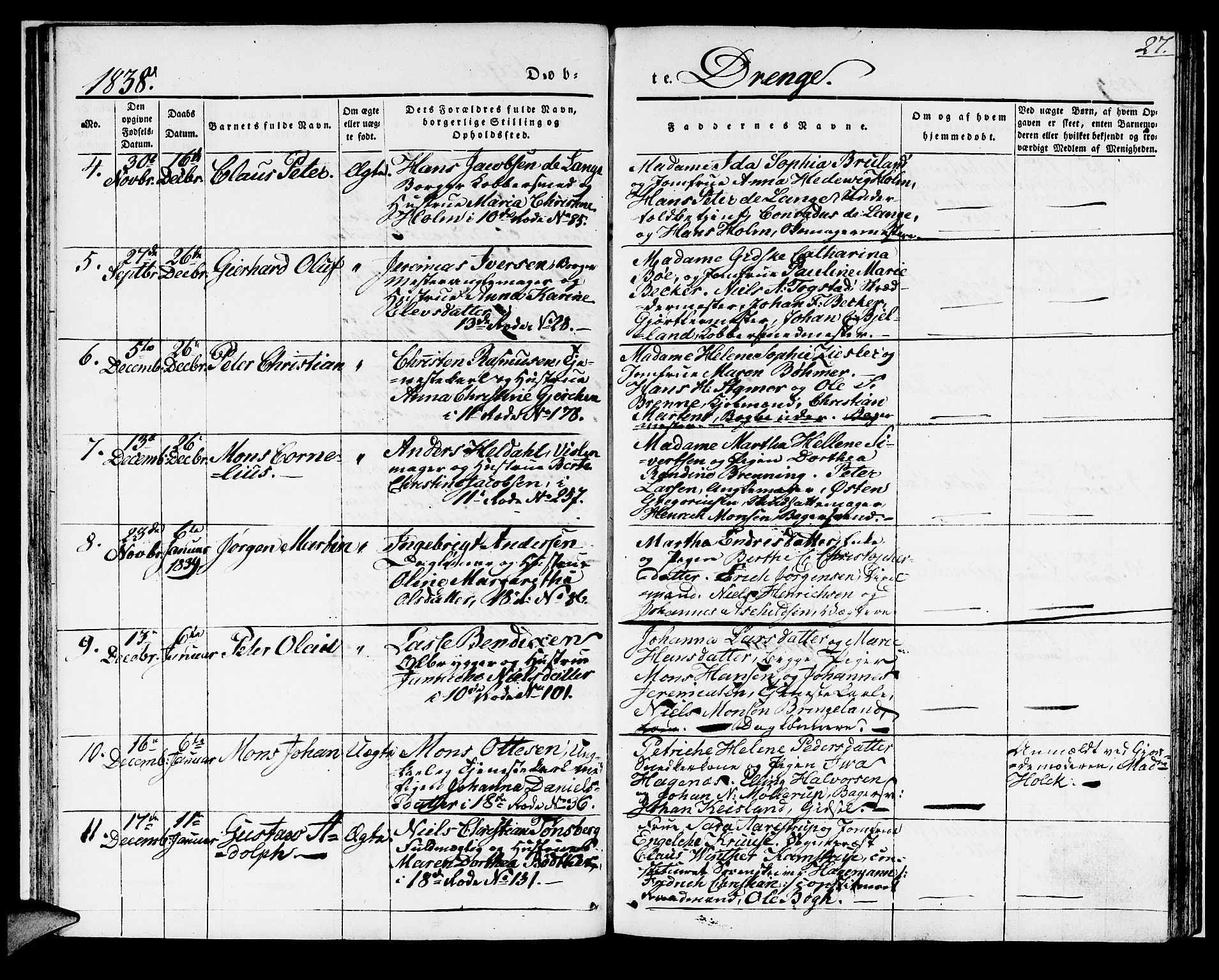 Domkirken sokneprestembete, SAB/A-74801/H/Haa/L0018: Parish register (official) no. B 1, 1838-1840, p. 27