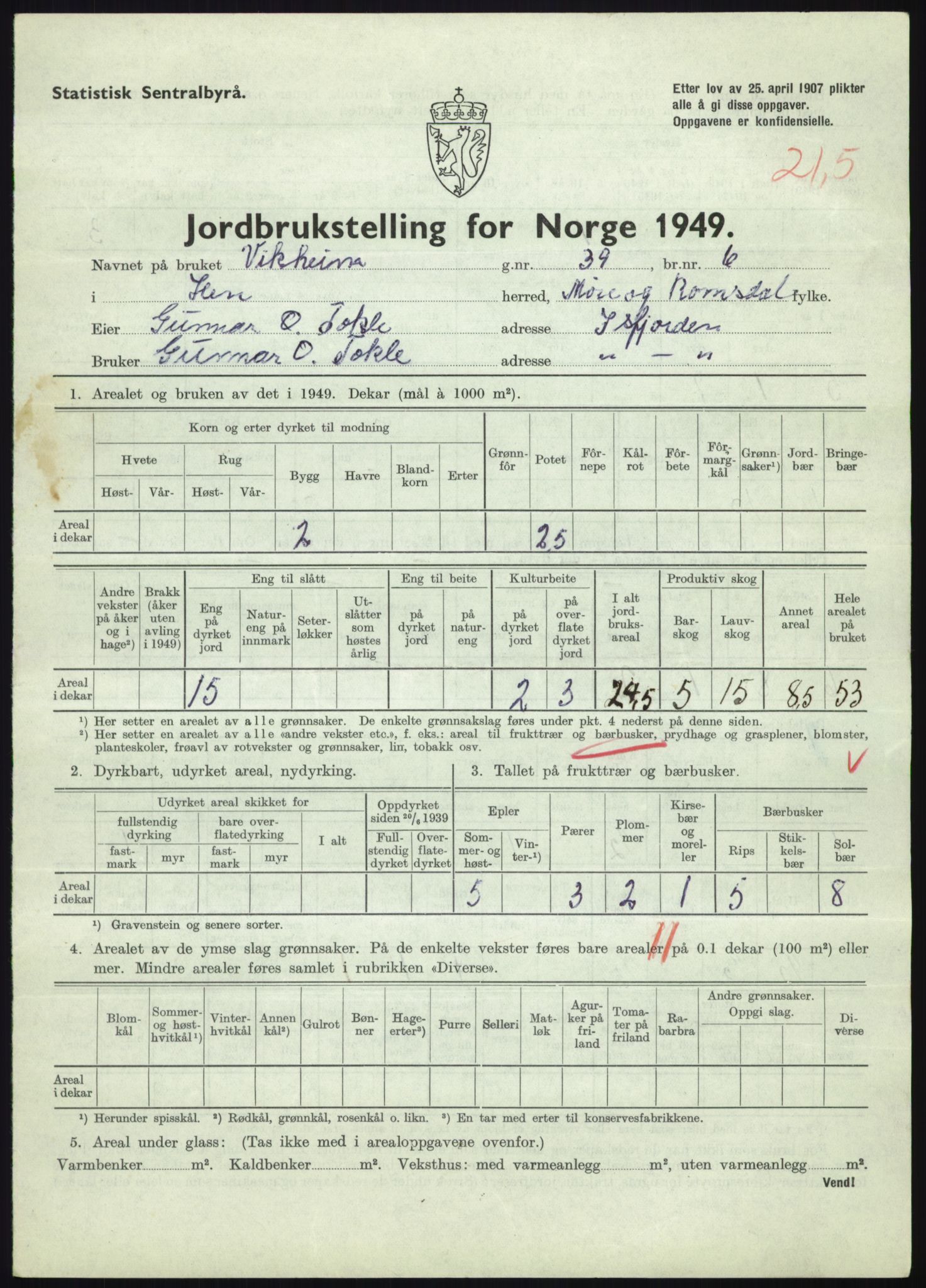 Statistisk sentralbyrå, Næringsøkonomiske emner, Jordbruk, skogbruk, jakt, fiske og fangst, AV/RA-S-2234/G/Gc/L0323: Møre og Romsdal: Grytten og Hen, 1949, p. 623