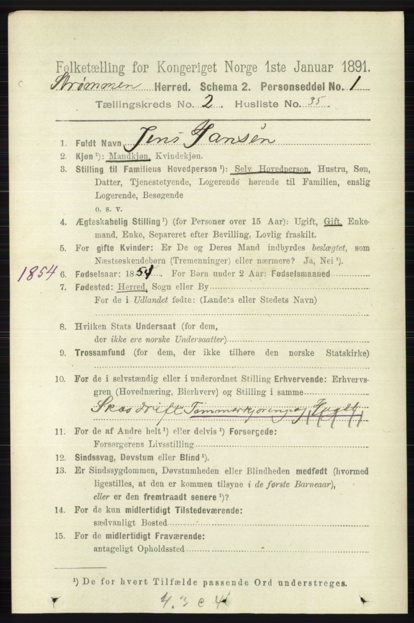 RA, 1891 census for 0711 Strømm, 1891, p. 896