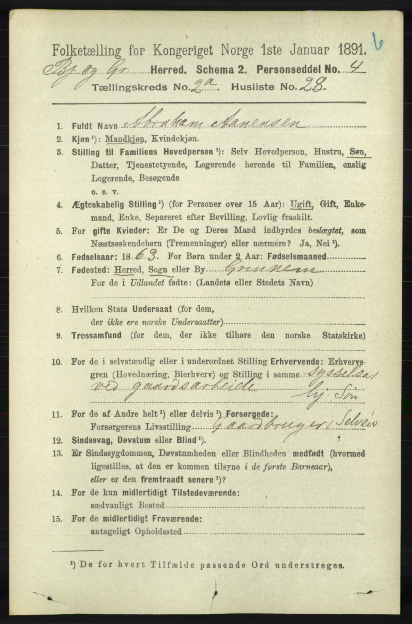 RA, 1891 census for 1024 Bjelland og Grindheim, 1891, p. 478