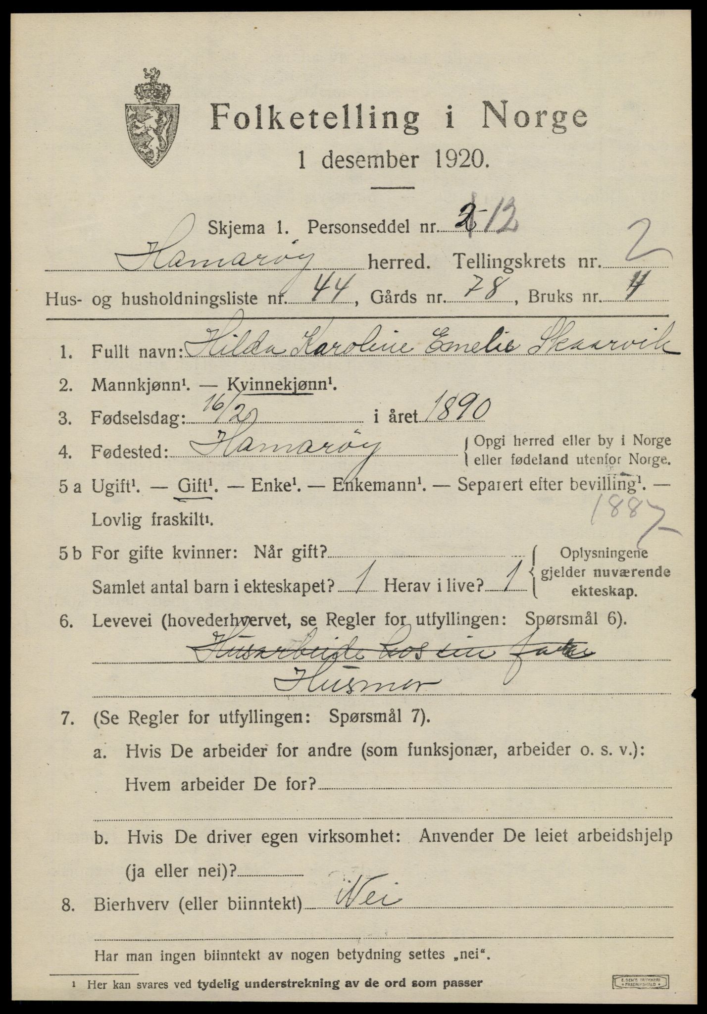 SAT, 1920 census for Hamarøy, 1920, p. 2000