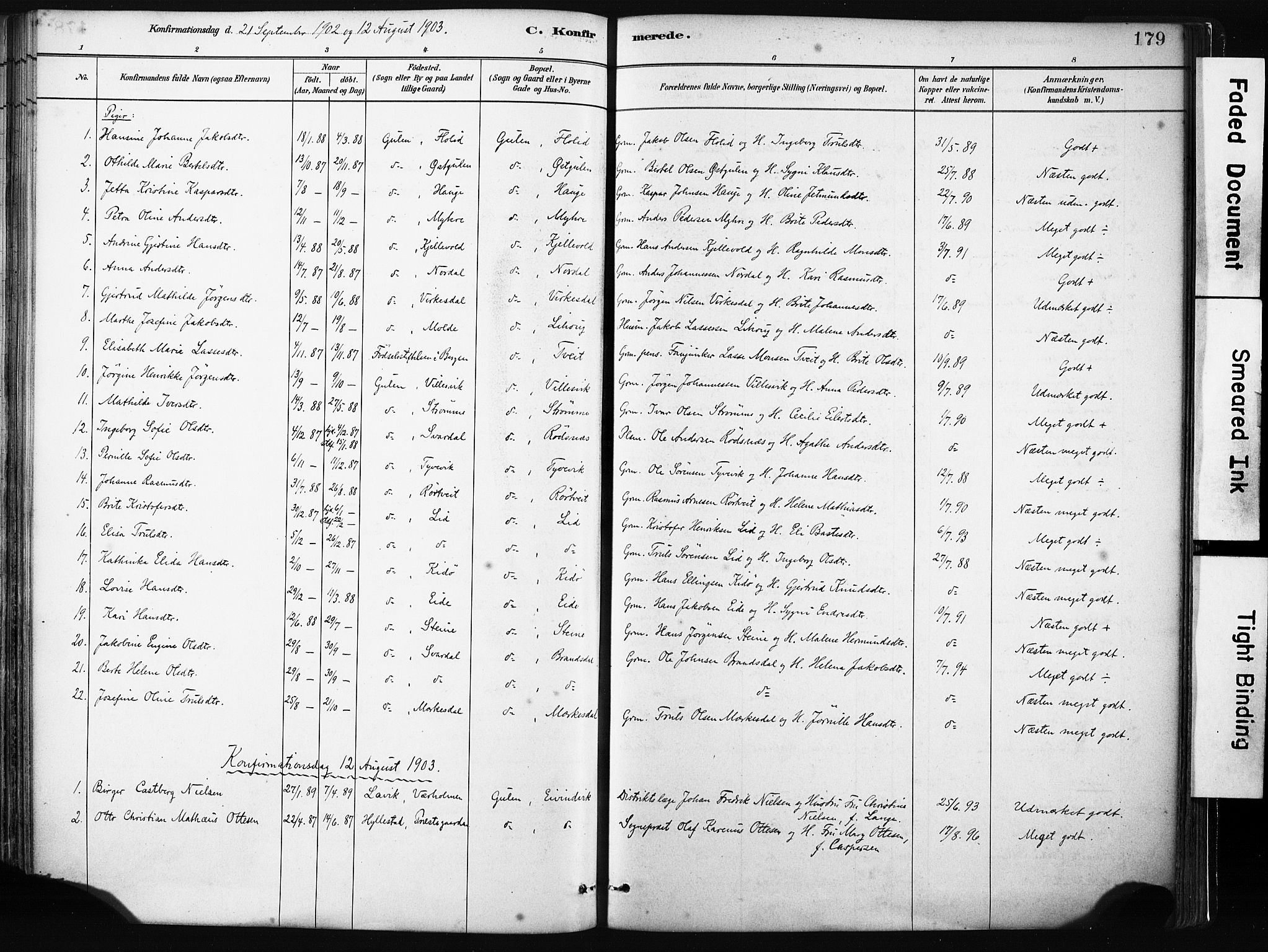 Gulen sokneprestembete, SAB/A-80201/H/Haa/Haab/L0001: Parish register (official) no. B 1, 1881-1905, p. 179