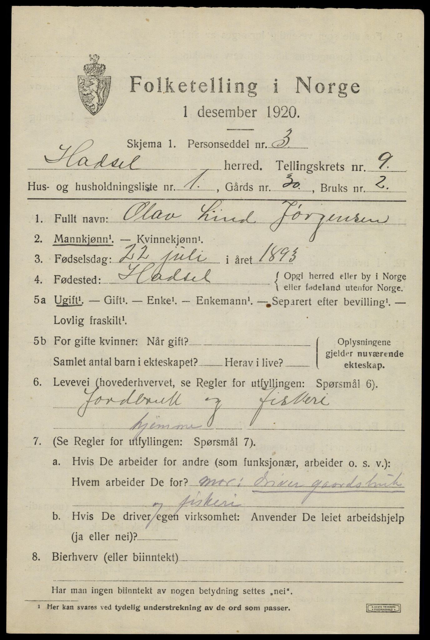 SAT, 1920 census for Hadsel, 1920, p. 7668