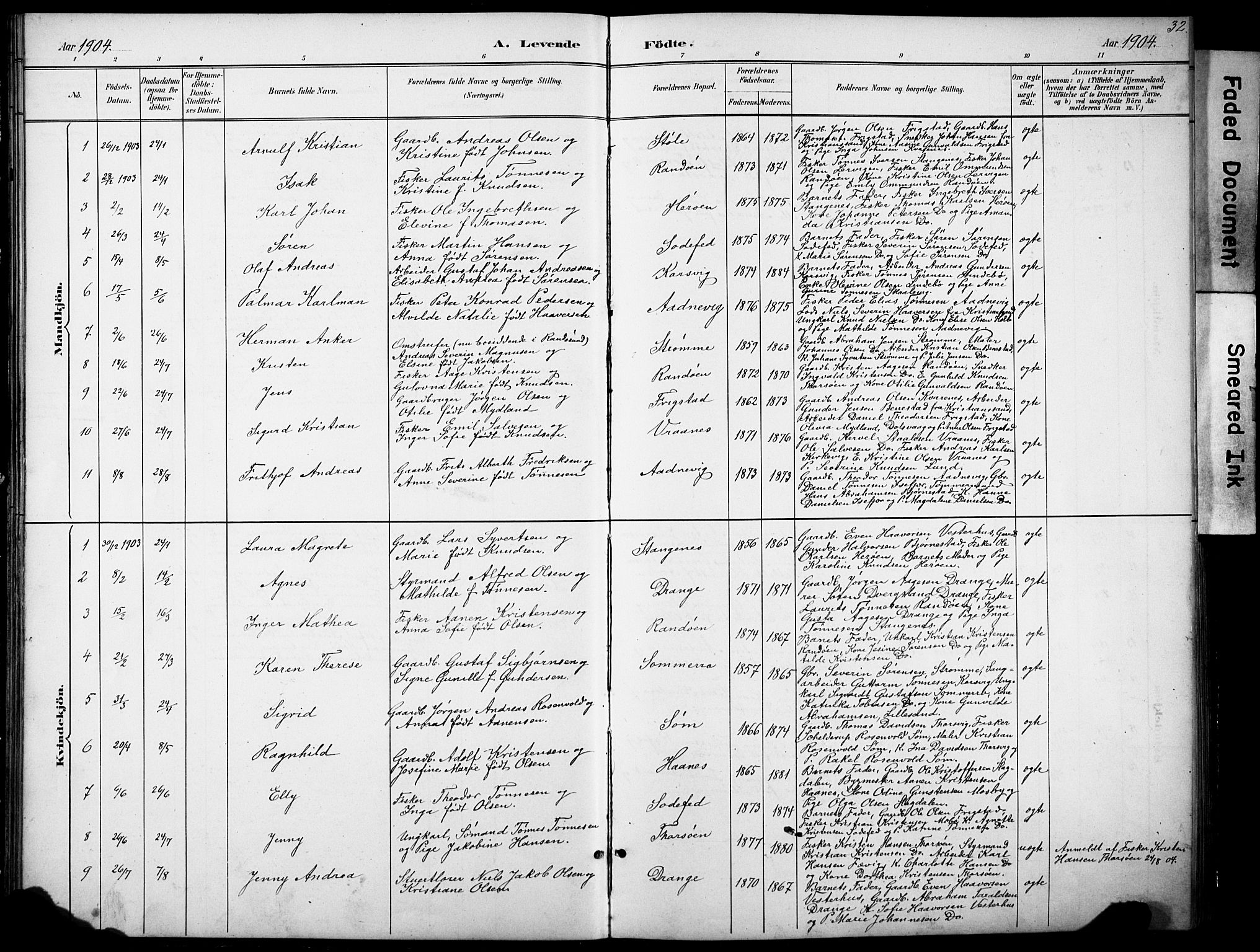 Oddernes sokneprestkontor, SAK/1111-0033/F/Fb/Fbb/L0002: Parish register (copy) no. B 2, 1889-1933, p. 32