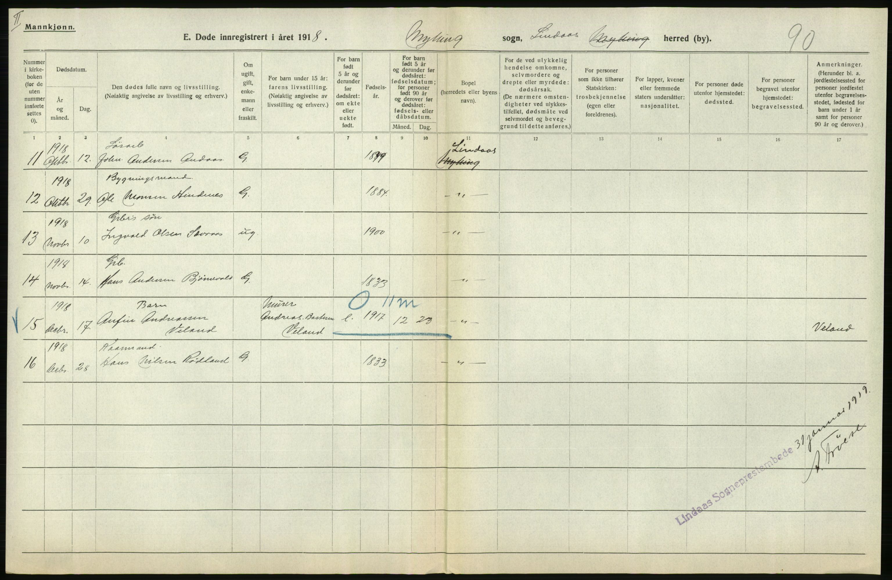 Statistisk sentralbyrå, Sosiodemografiske emner, Befolkning, RA/S-2228/D/Df/Dfb/Dfbh/L0036: Hordaland fylke: Døde., 1918, p. 282