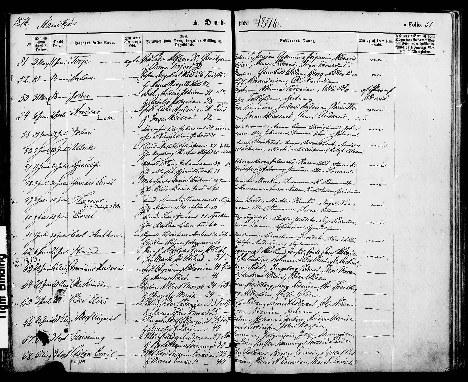 Holt sokneprestkontor, AV/SAK-1111-0021/F/Fa/L0010: Parish register (official) no. A 10, 1872-1885, p. 51