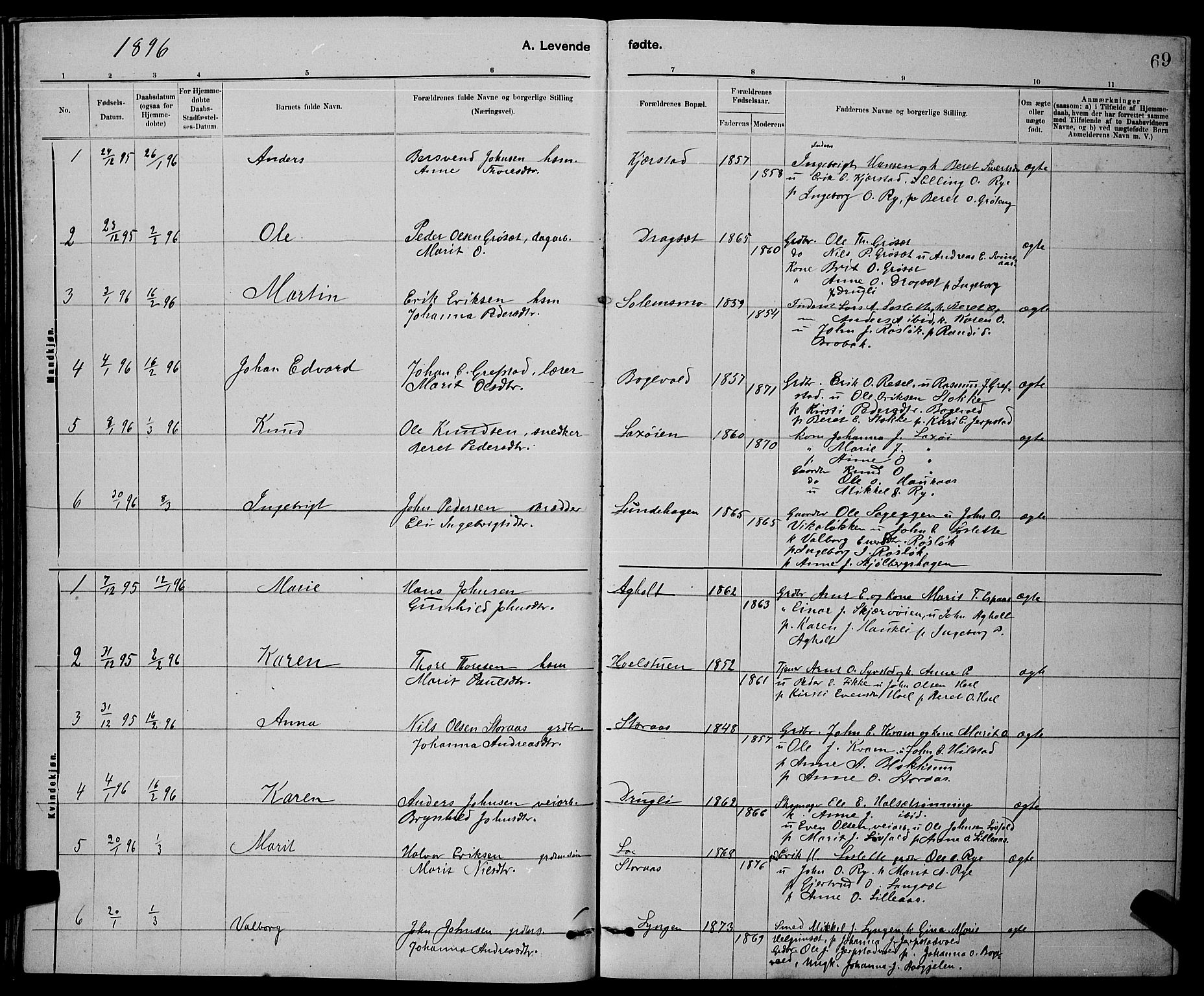 Ministerialprotokoller, klokkerbøker og fødselsregistre - Sør-Trøndelag, SAT/A-1456/672/L0863: Parish register (copy) no. 672C02, 1888-1901, p. 69