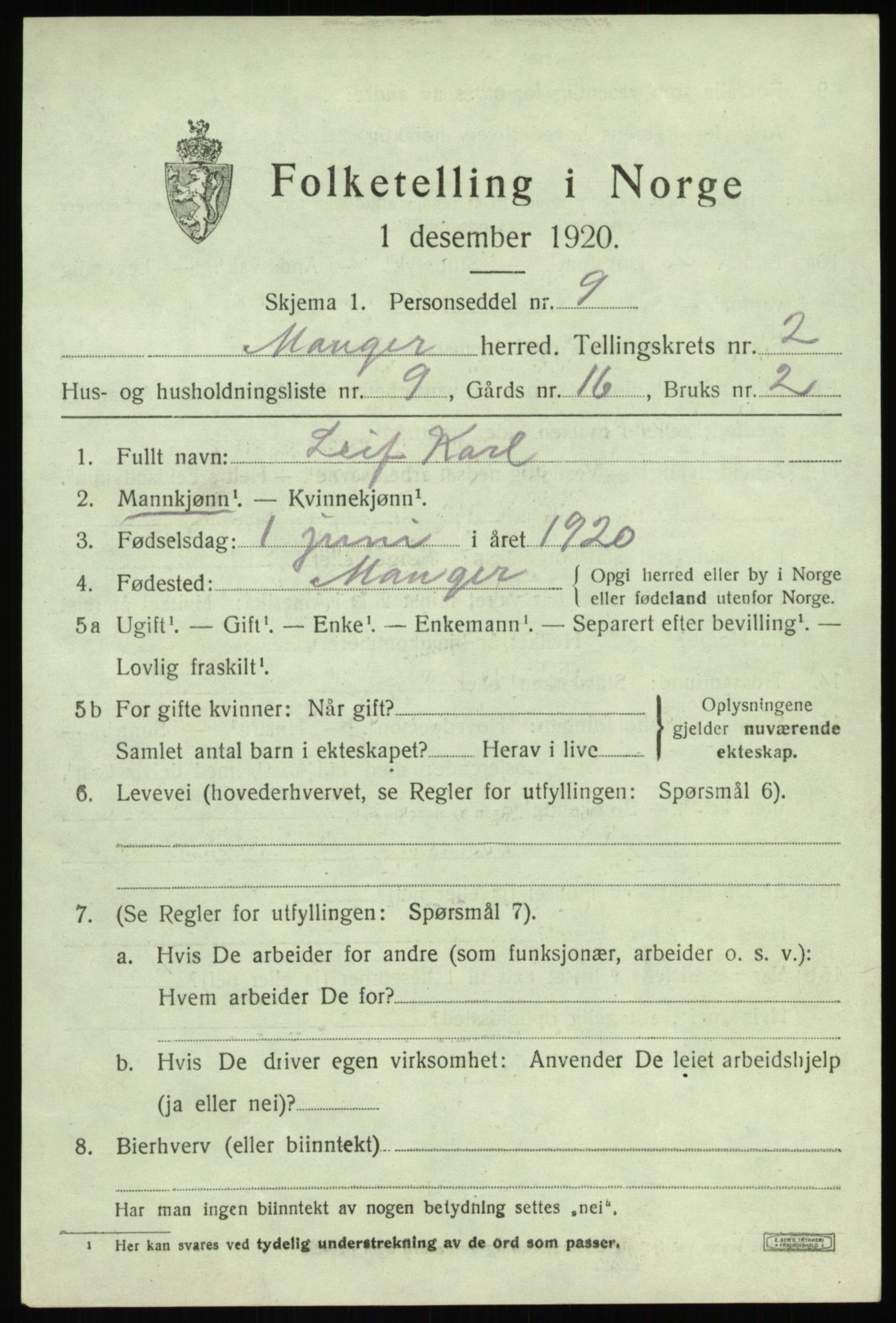 SAB, 1920 census for Manger, 1920, p. 2093